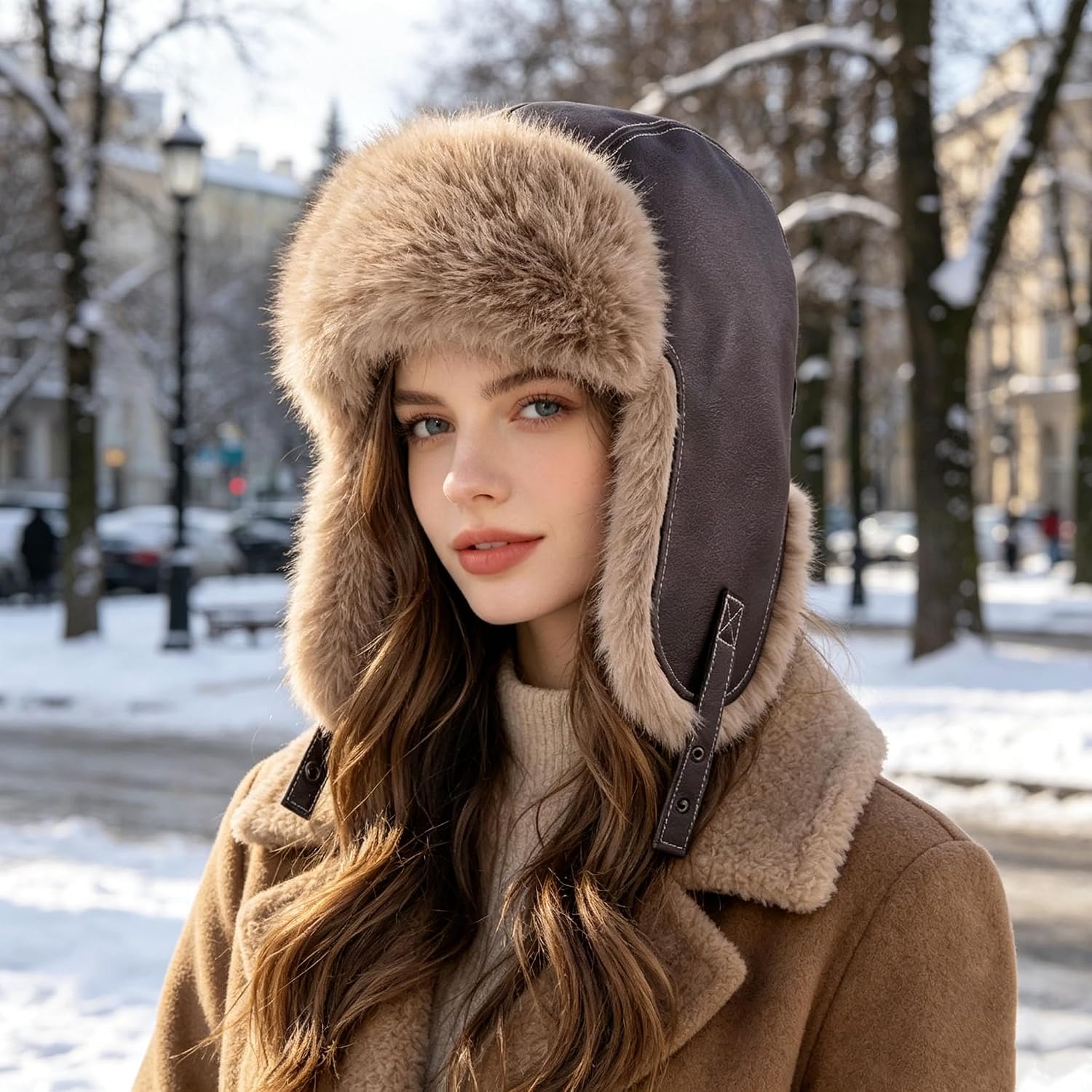 Unisex Warm Russian Trapper Hat, Windproof Waterproof Ski Cap for Men Women Winter Street Outdoor Skiing