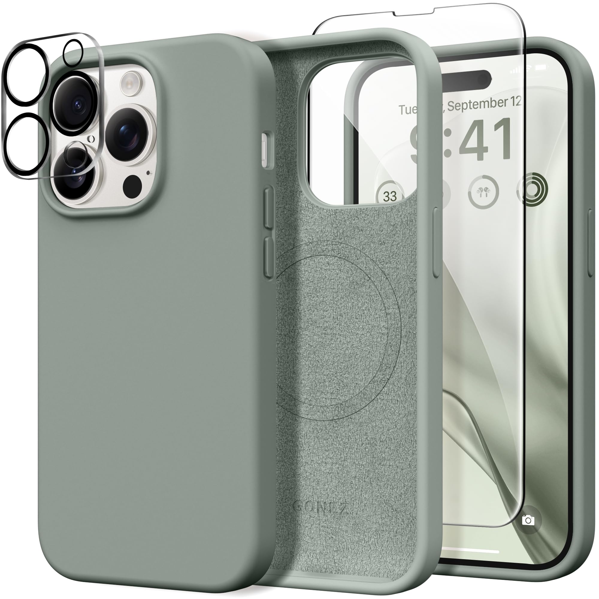 GONEZ for iPhone 14 Pro Max Case Silicone, Compatible with MagSafe, with Screen Protector + Camera Lens Protector, Liquid Silicone Shockproof