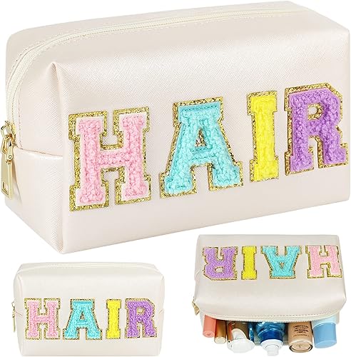 Bolsa de maquillaje de parche Preppy, bolsa de cosméticos con letras de chenilla, bolsa de aseo de piel sintética, bolsa de maquillaje portátil con