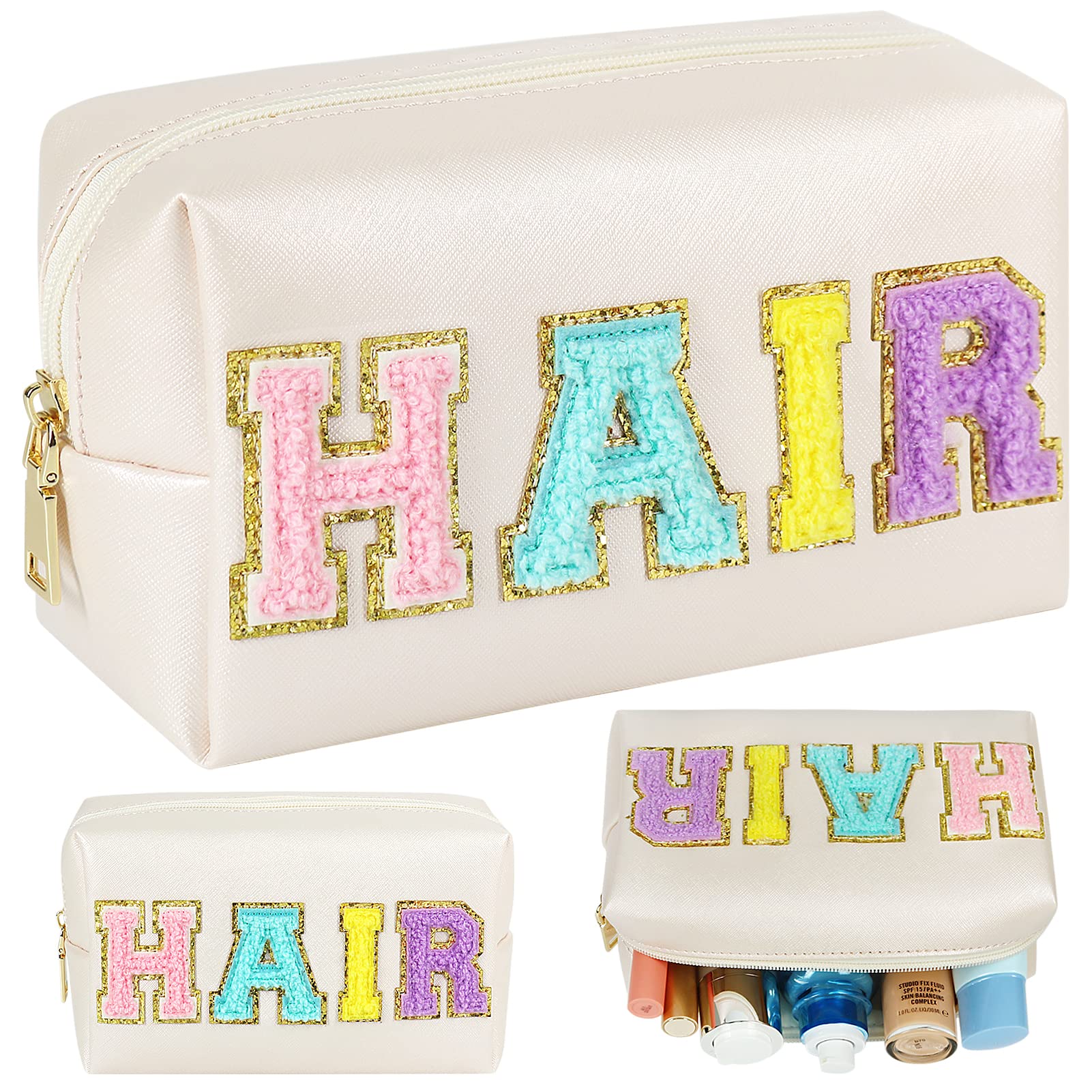 JOINDO Preppy Patch Makeup Bag, Chenille HAIR Letter Cosmetic Bag,PU Leather Skincare Toiletry Bag, Portable Makeup Bag with Varsity Letter Patches, Travel Organizer Bag for Women Girls (White)