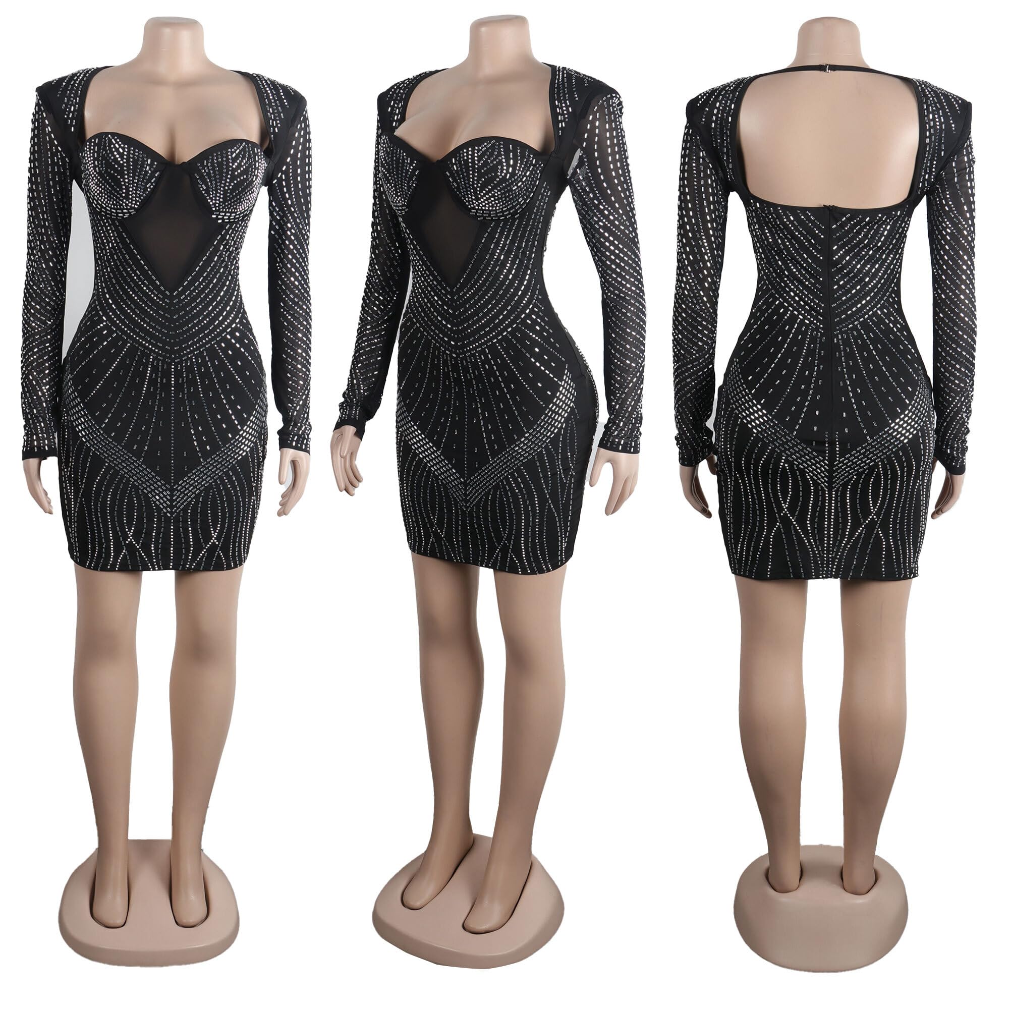 Jigfar Mini vestido sexy y elegante para mujer, con diamantes de imitación, para fiesta de cumpleaños, club, malla transparente, 8 Negro, XL