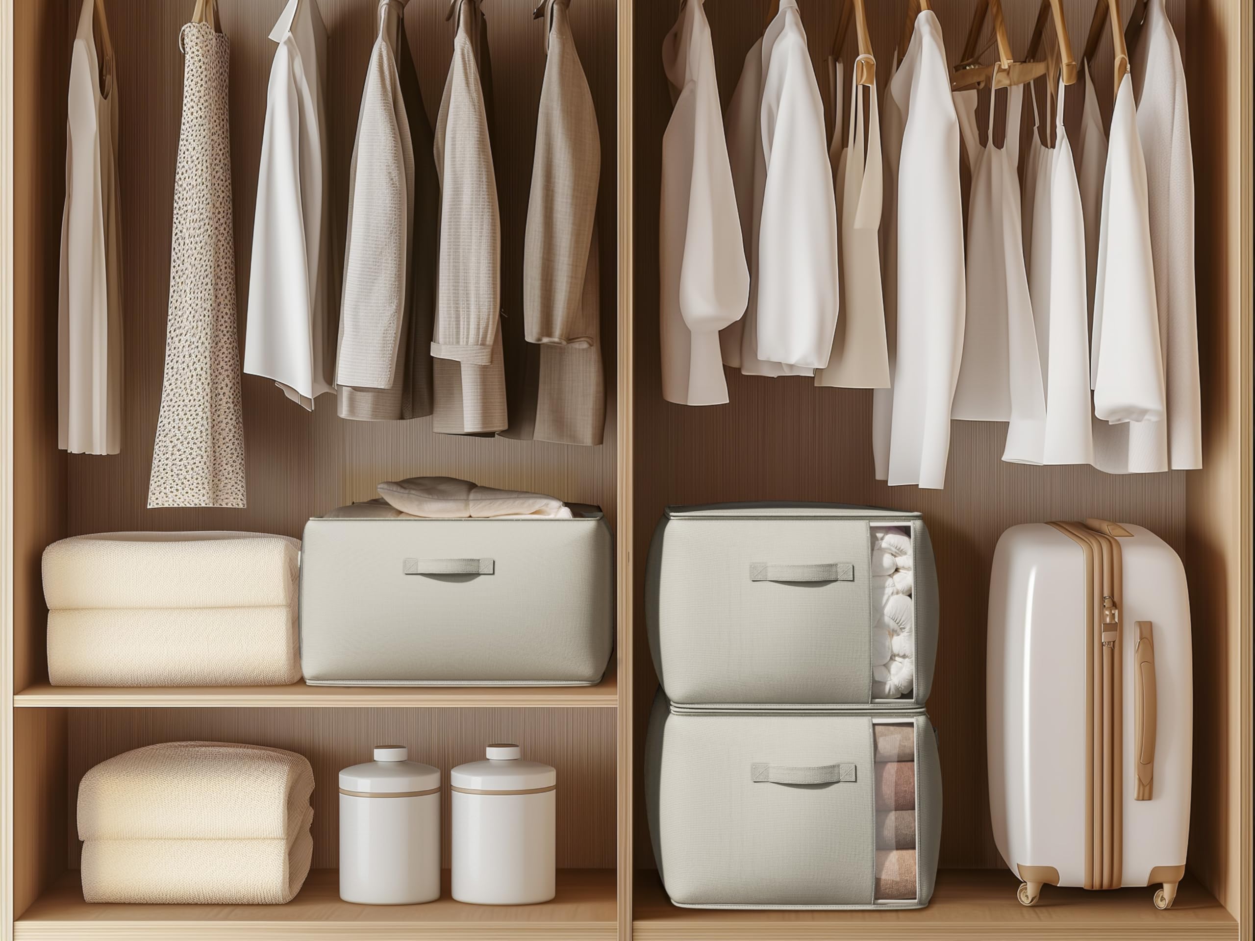 Vailando Große Leinen-Aufbewahrungstaschen für Kleidung, Pullover, Kleidung, Organizer mit Doppelreißverschluss, drei Tragegriffe für Decken, Schrank, Aufbewahrungsbehälter, 3 Stück, Grau