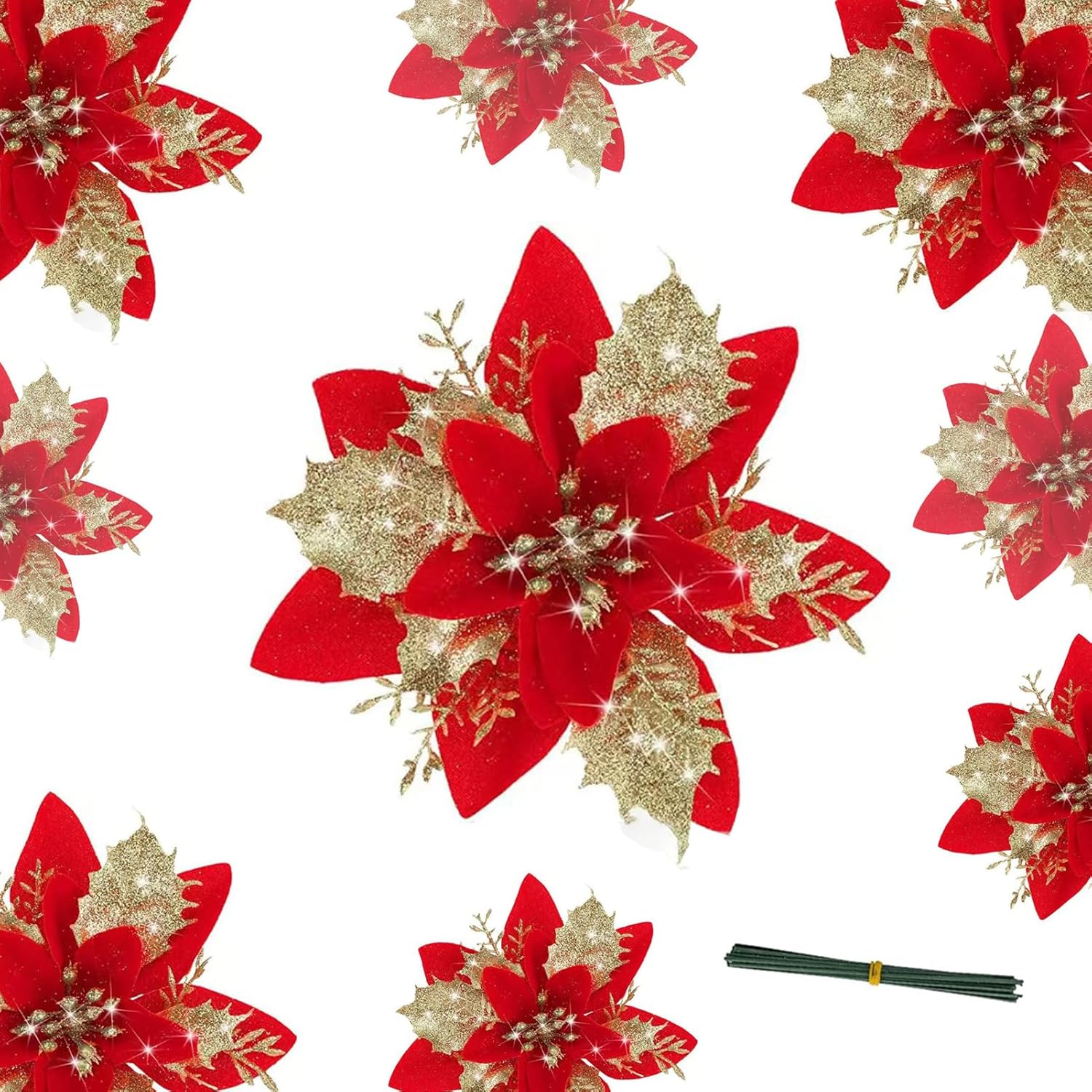 12pcs Christmas Decorations Artificial Flowers Glitter Poinsettia with Clips Xmas Tree Ornaments for New Year Wedding Xmas Wreath Home Party Decor(Red)
