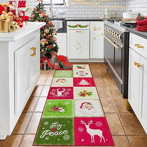 CAREMEE Alfombra de interior de Navidad con texto en inglés Merry Christmas para decoración de Navidad, antideslizante, festiva, tapete de Navidad