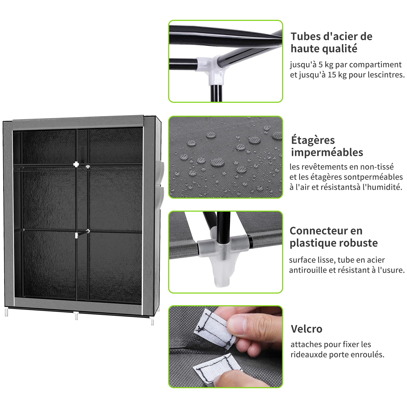LANTUS Armadietto portaoggetti pieghevole – guardaroba guardaroba in tessuto non tessuto con chiusura a cerniera – guardaroba, armadio da campeggio (105 x 45 x 170 cm, grigio scuro)