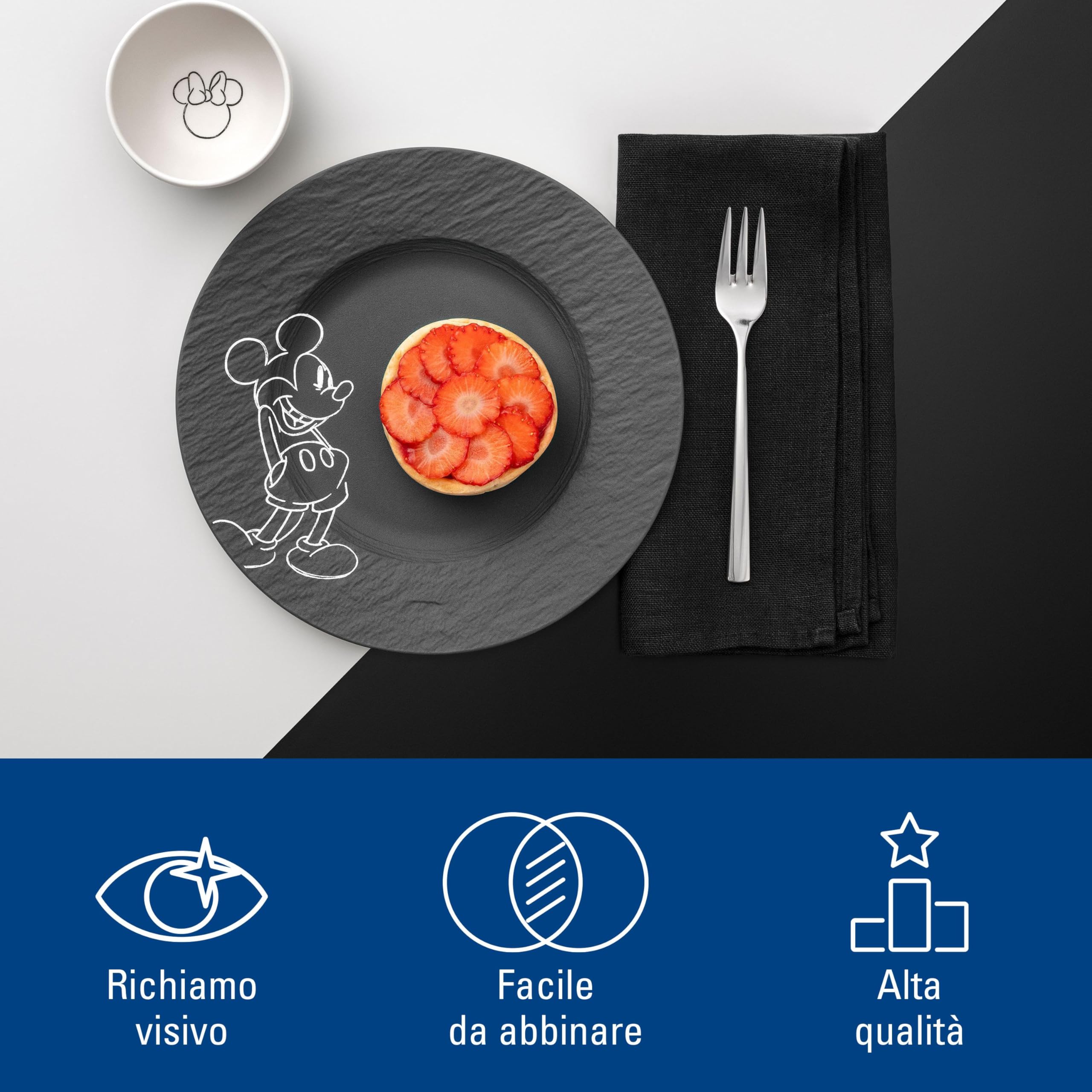 Villeroy & Boch Manufacture Rock – Mickey Mouse – Piatto da dessert/colazione, nero, lavabile in lavastoviglie e utilizzabile nel microonde, effetto ardesia con decoro Disney Topolino