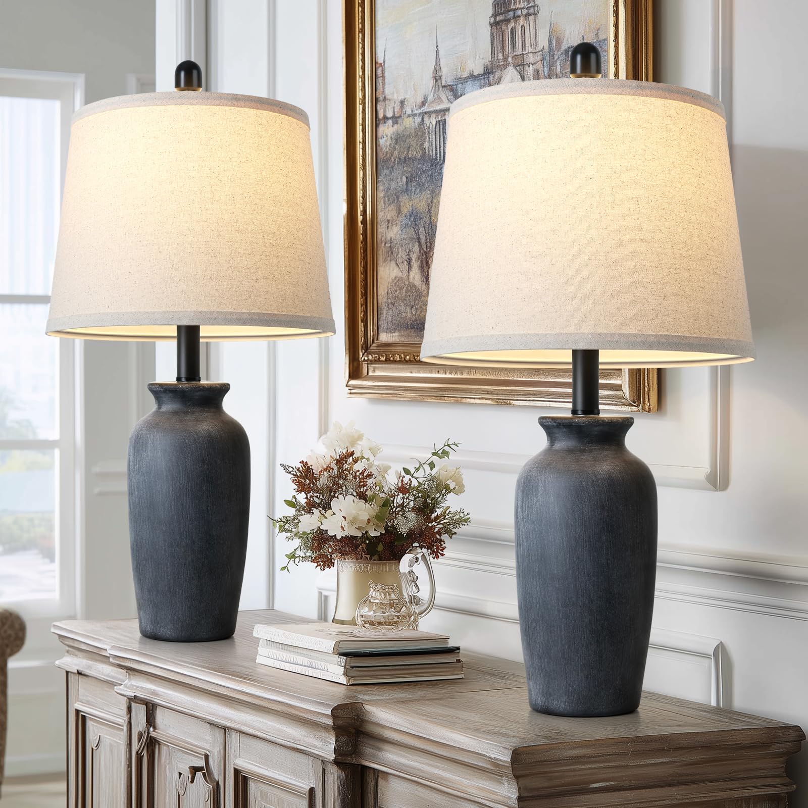Photo 1 of CINSARY 24.5" Farmhouse Jar Ceramic Table Lamps Set of 2, Vintage Rustic Bedside Nightstand Lamp with 2 LED Bulbs, Black Farmhouse Table Lamps for Living Room End Table Bedroom Country Cottage Decor
