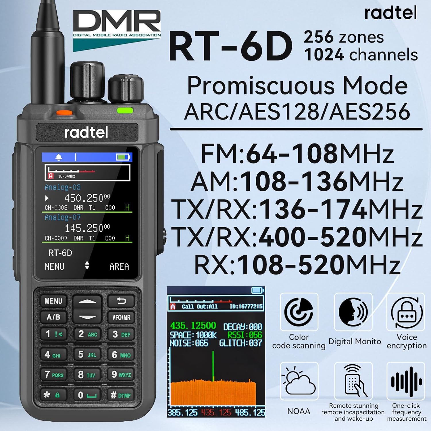 Radtel RT-6D DMR Radio 500K Contacts Dual Band Walkie Talkie Dual Time Slot Two Way Radio Tier 1+2 Ham Radio Long Distance 1024 Channels Type C Charge