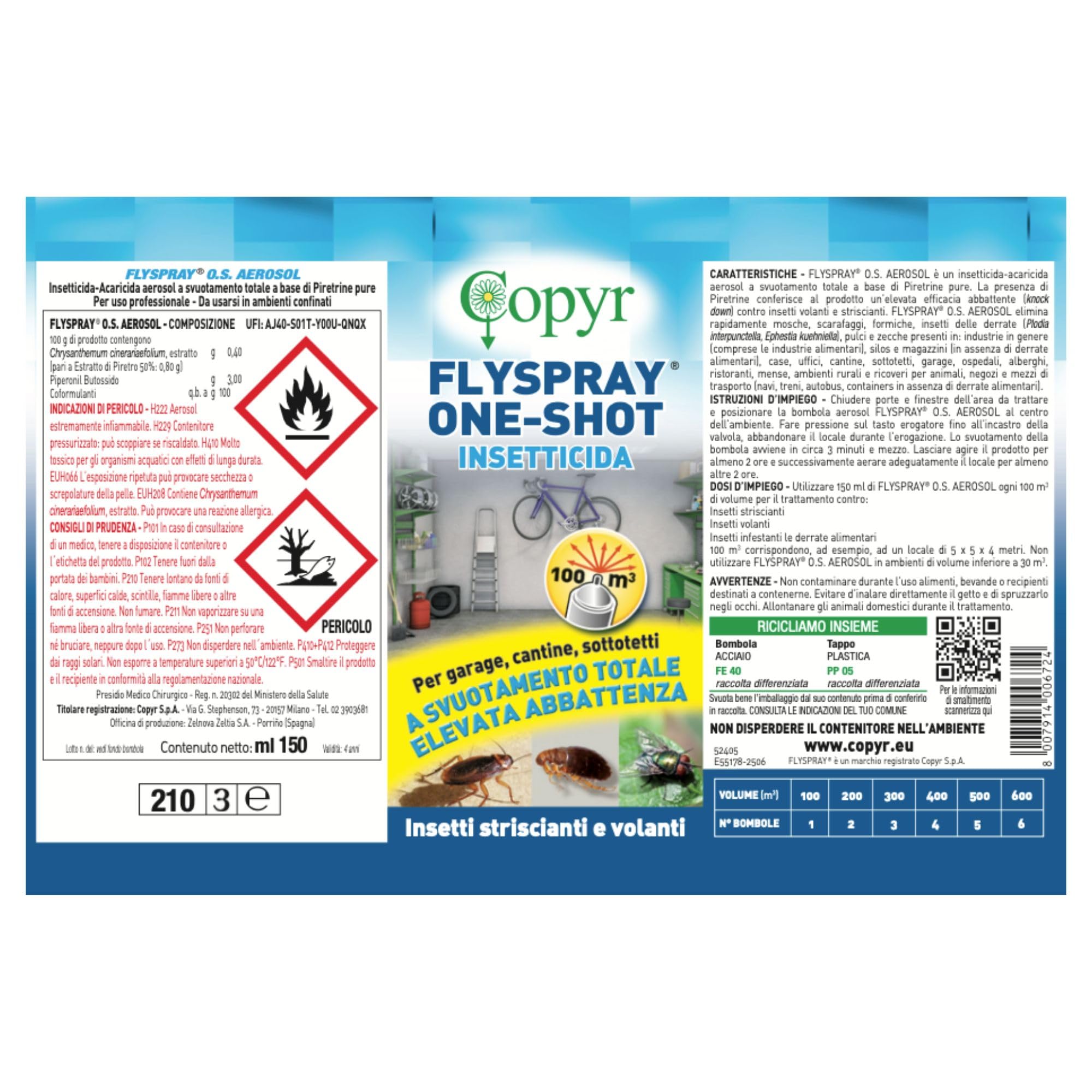 Copyr FlySpray OneShot - Insetticida Aerosol contro Mosche Scarafaggi Formiche Pulci Zecche, Insetti delle Derrate, 150ml x 6 Pz - con Piretrine Pure, Azione Abbattente a Svuotamento Totale