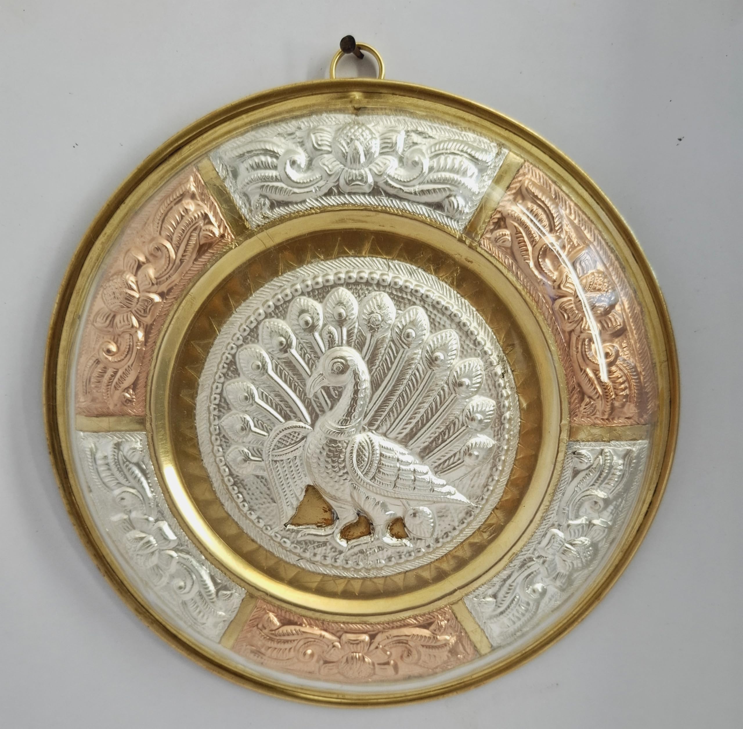 JLine Arts Peacock 7 Inches Thanjavur Art Plate, Pure Silver, Metal Art with Wall Hanging and Unbreakable Fibre Glass on The Front