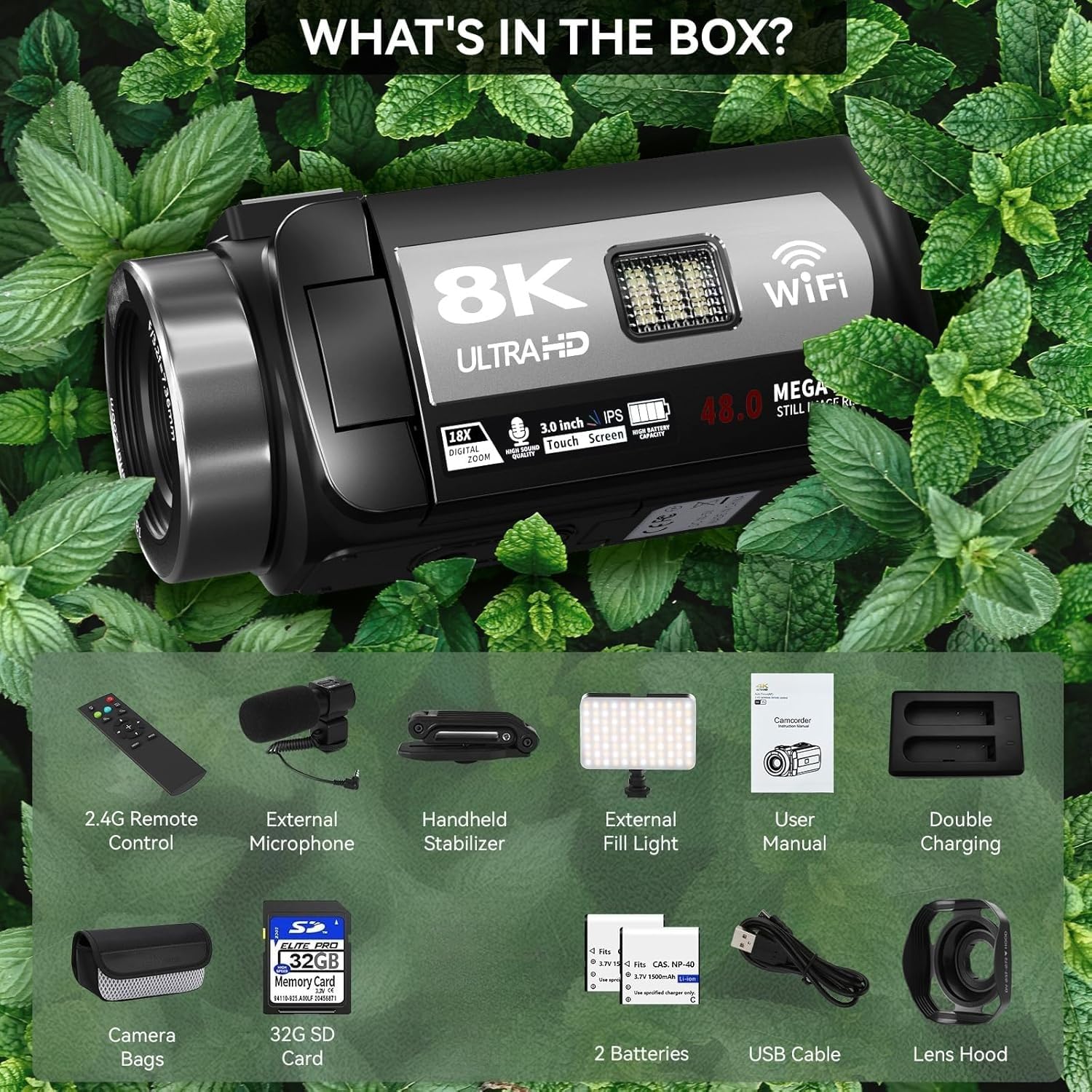 Videocamera, Videocamera, videocamera 8K 48MP 15FPS UHD WiFi Vlogging Camera con visione notturna IR for YouTube, touch screen da 3" Zoom digitale 18X
