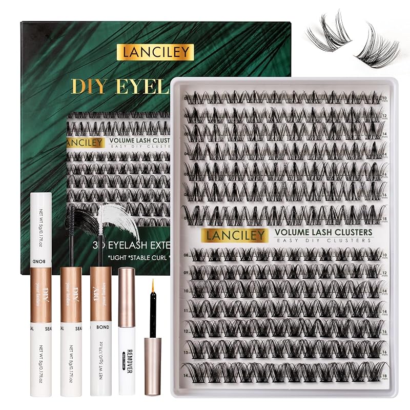 Kit de cílios em tufos Lanciley com 154 unidades, 10–18 mm, M34+M31, adesivo, selante, removedor e pinça
