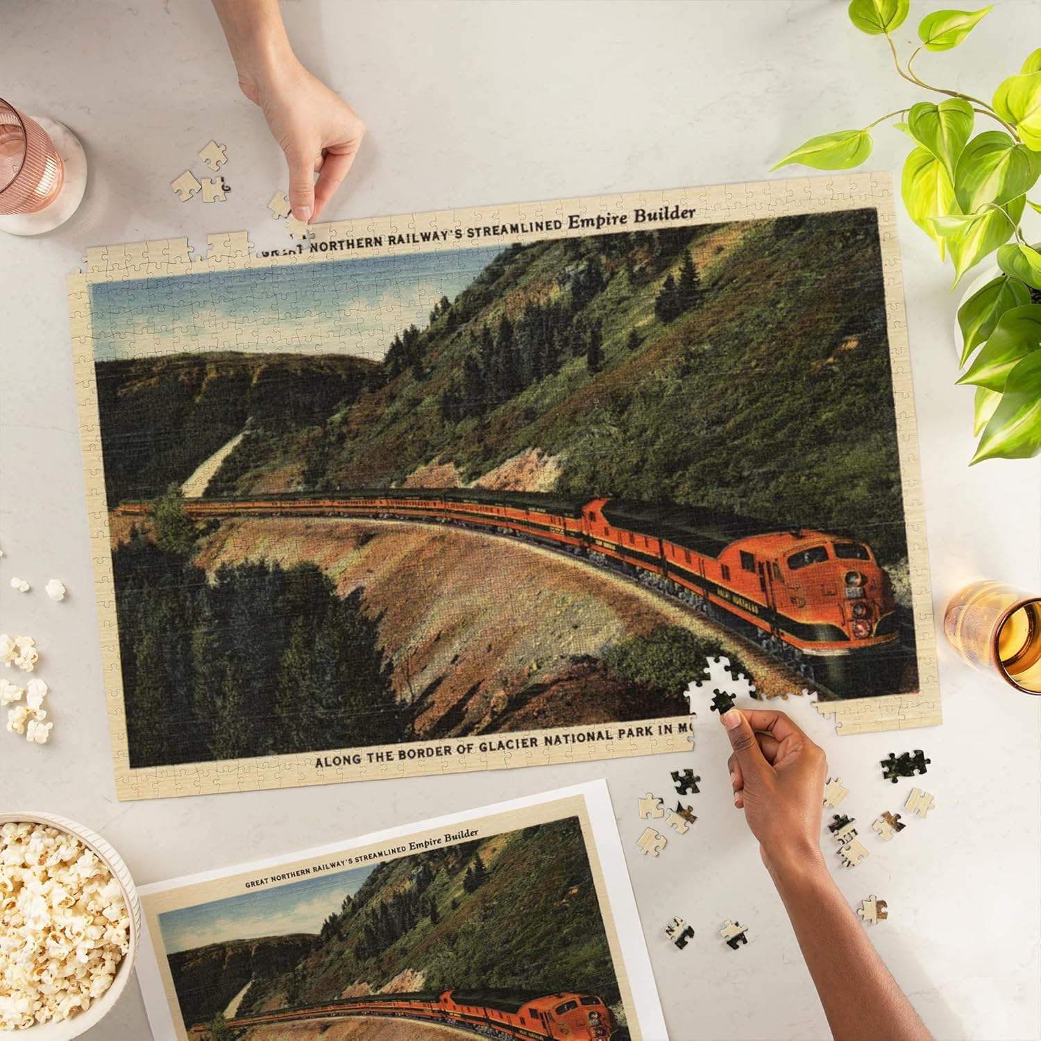 Lantern Press Glacier National Park, Montana, Empire Builder Train, Vintage Halftone 1000 Piece Jigsaw Puzzle for Adults, Made in USA with Reference Poster