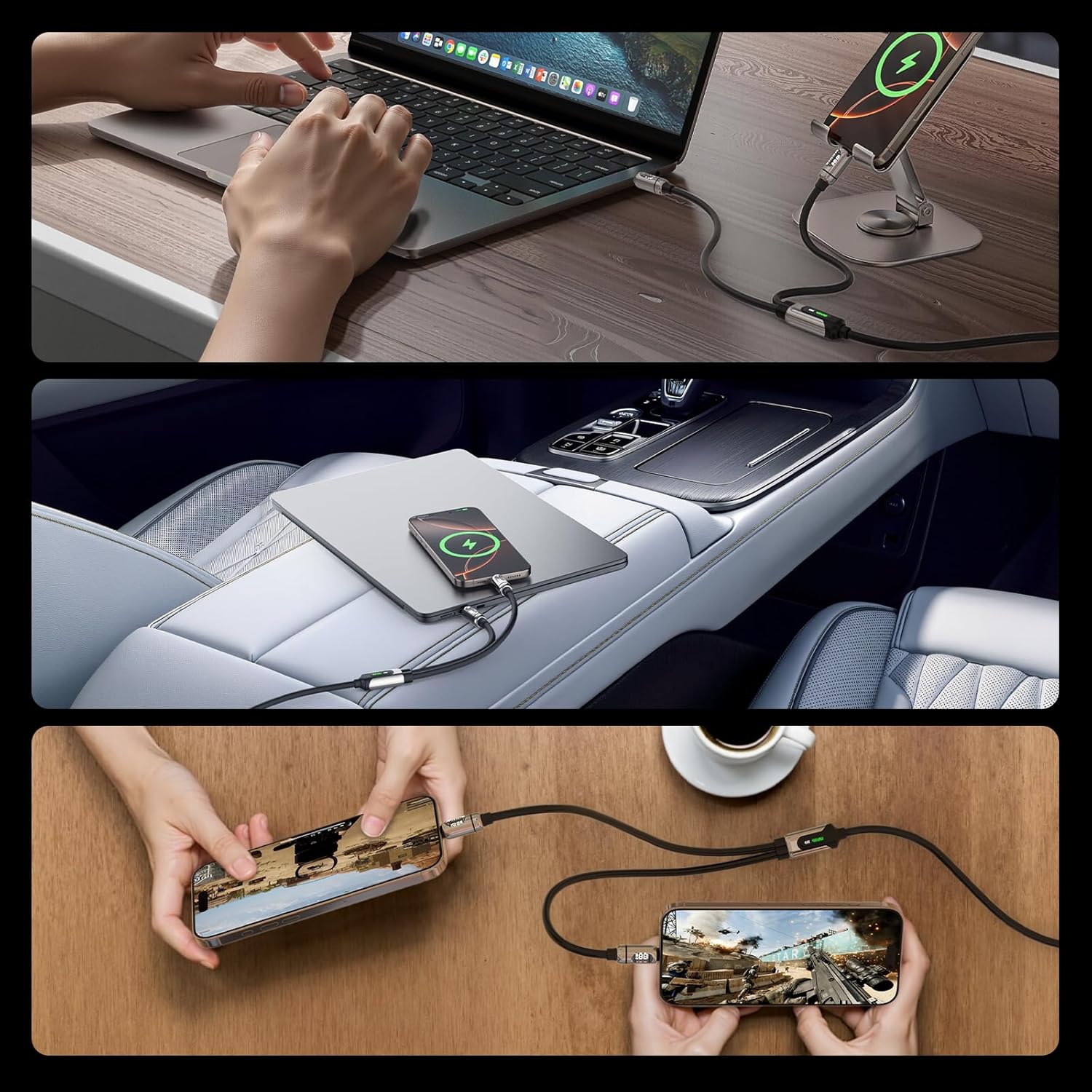 MFish 140W Smart 2-in-1 USB-C Charging Cable with LED Power Display, PD 3.1 Dynamic Power Allocation, Charge MacBook Pro & Phone Simultaneously, Liquid Silicone, Data Sync, 5FT Black