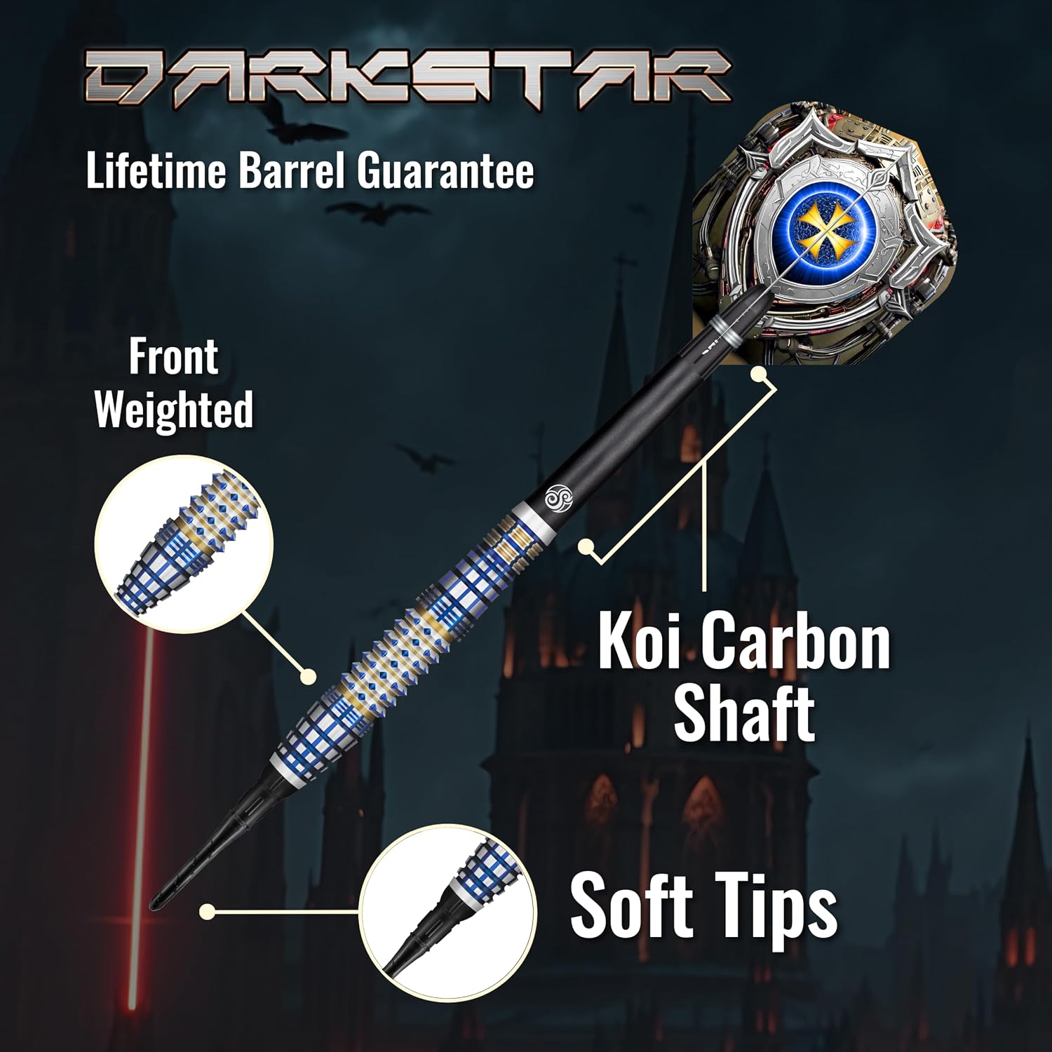 Shot! Future Knights Darkstar Soft Tip Darts | 90% Tungsten | Front Weighted | High-Performance Grip | Pro Control for All Levels | Soft Tips for Electronic Boards | Made in New Zealand