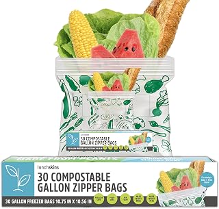 Lunchskins Ziptop Home Compostable & Resealable Freezer-Safe Food Storage Bags, Gallon Size, 30 Bags - Eco-Friendly, Made Without PFAS and BPAS