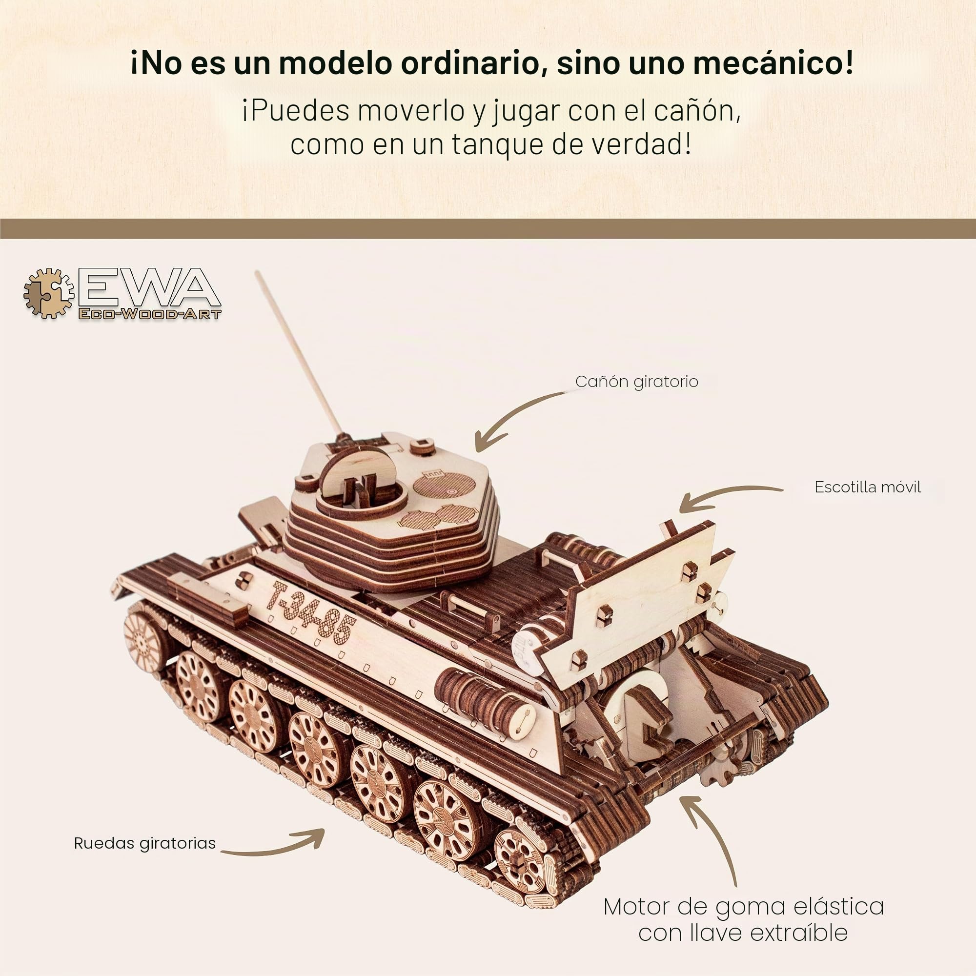 EWA Eco-Wood-Art Tanque T-34-85-Rompecabezas mecánico 3D de madera,Montaje sin pegamento-965 piezas, color naturaleza (Tank T-34-85)