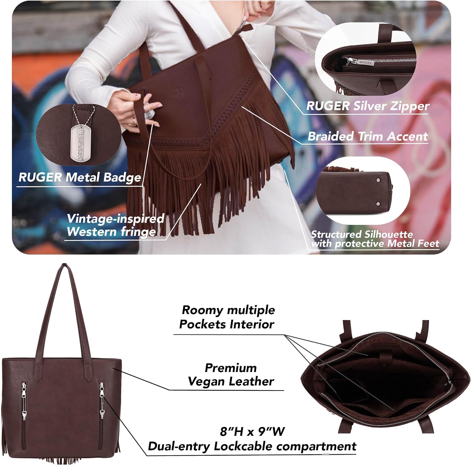 JESSIE & JAMES Ruger Sedona Fringe Vegan Leather Tote Shoulder Bag for Women Tassel Satchel Handbag with Hidden Pocket
