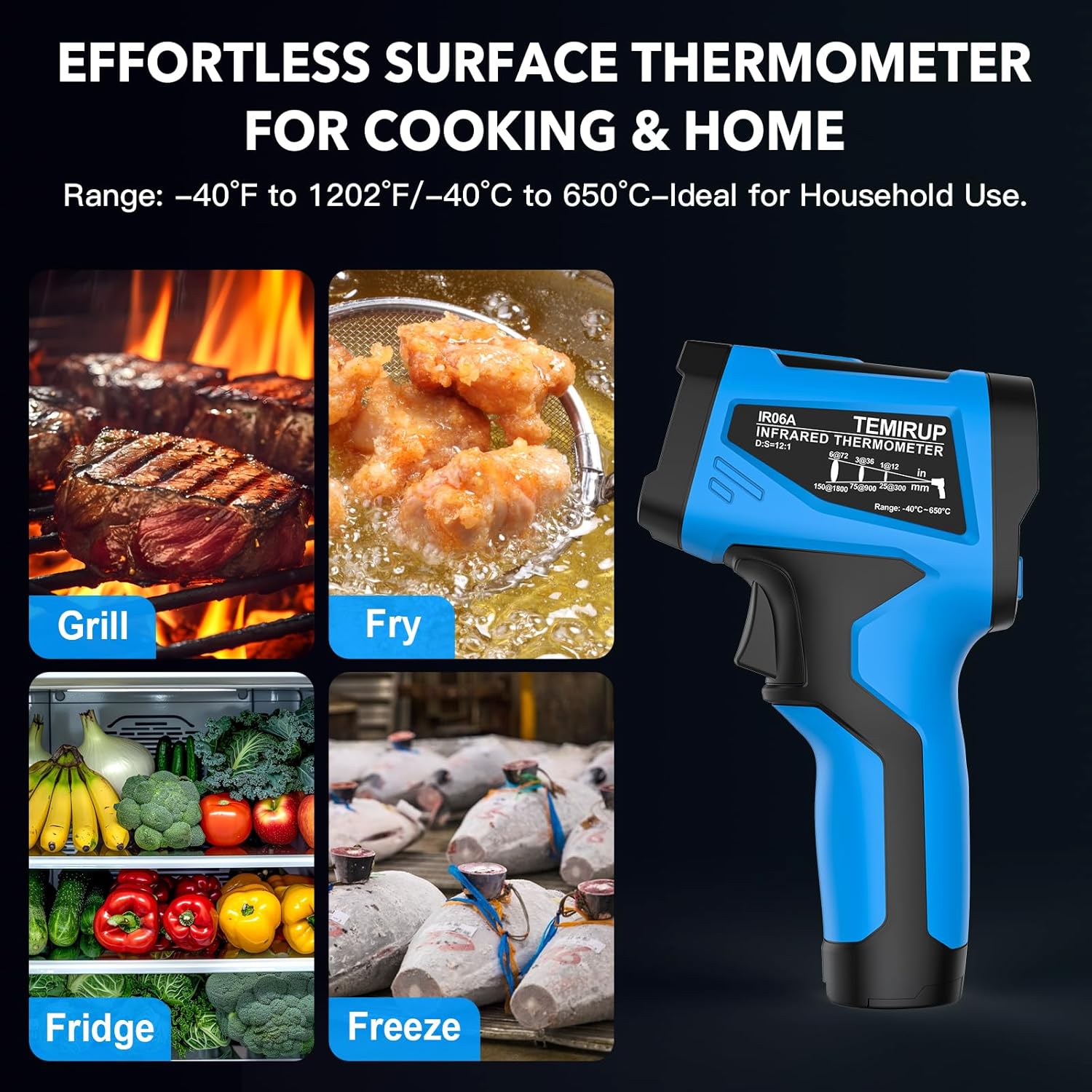 Infrared Thermometer Temperature Gun - TEMIRUP Non-Contact Digital Laser Thermometer Temp Gun with Thermocouple Probe for Industrial, Cooking, Griddle, Engine, HVAC, Adjustable Emissivity,-40℉~1202℉