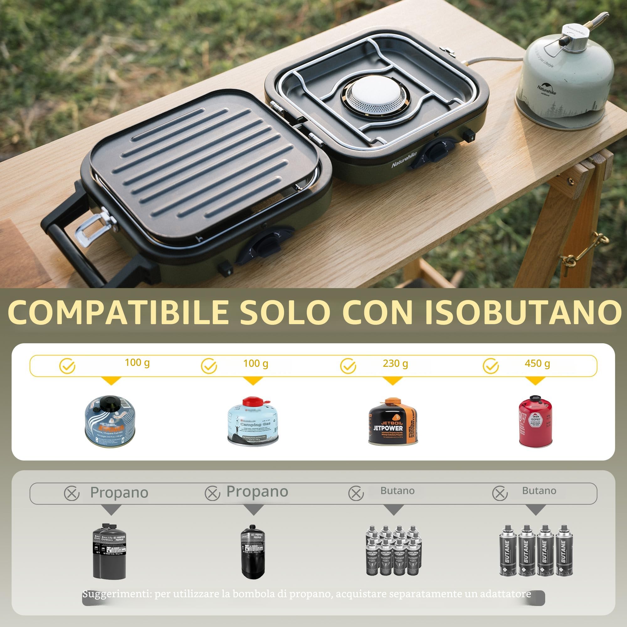 Naturehike Fornello a gas pieghevole da campeggio, 2 luci, piastra grill, bruciatore 2 in 1, portatile, accensione piezoelettrica, compatibile isobutano, ideale