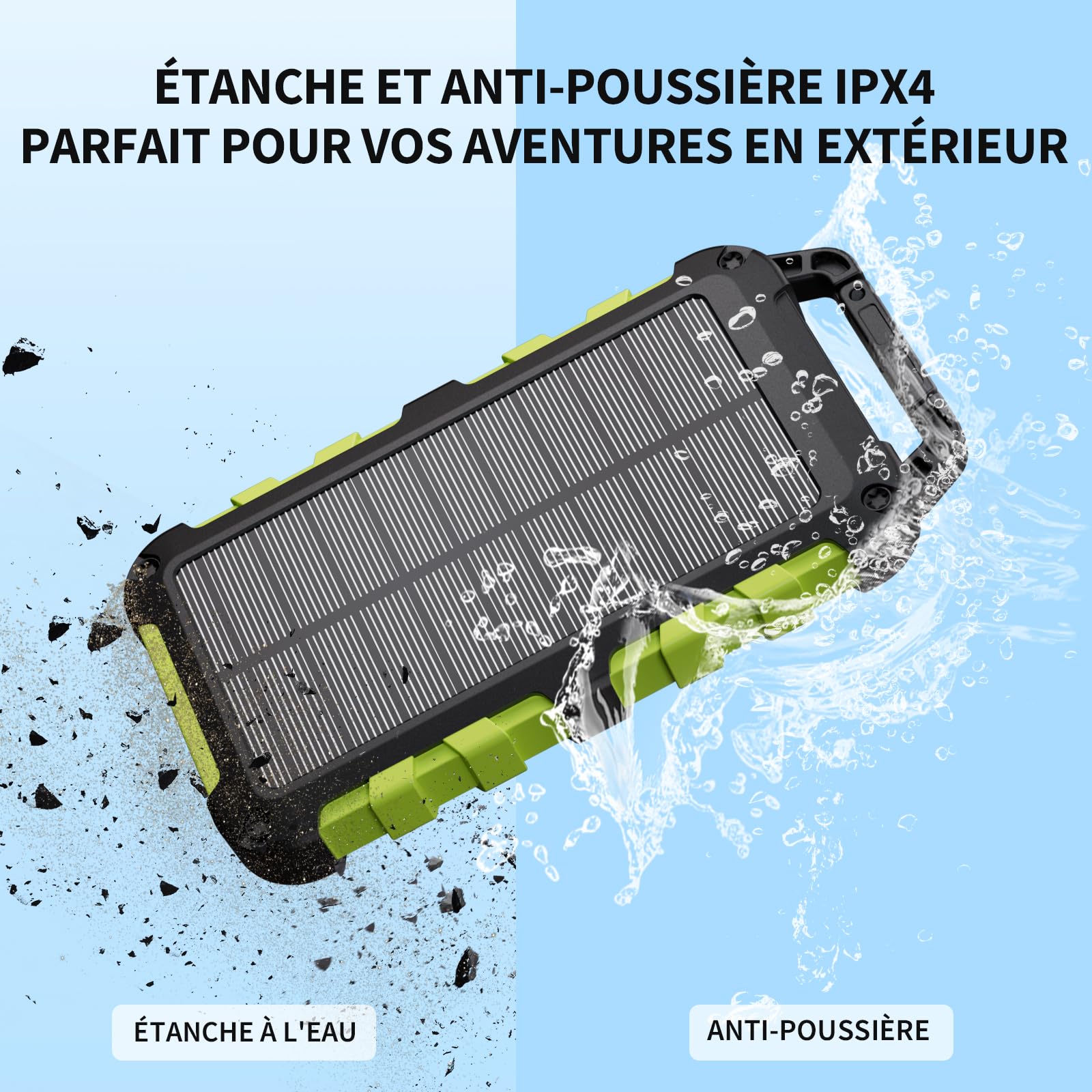 Batterie Externe Solaire 10000mAh PD 22,5W Chargeur Solaire avec 2 Ports USB et Une Entrée USB-C Charge Rapide Batterie Solaire Imperméable Compatible avec Téléphone Tablette Camping Vert