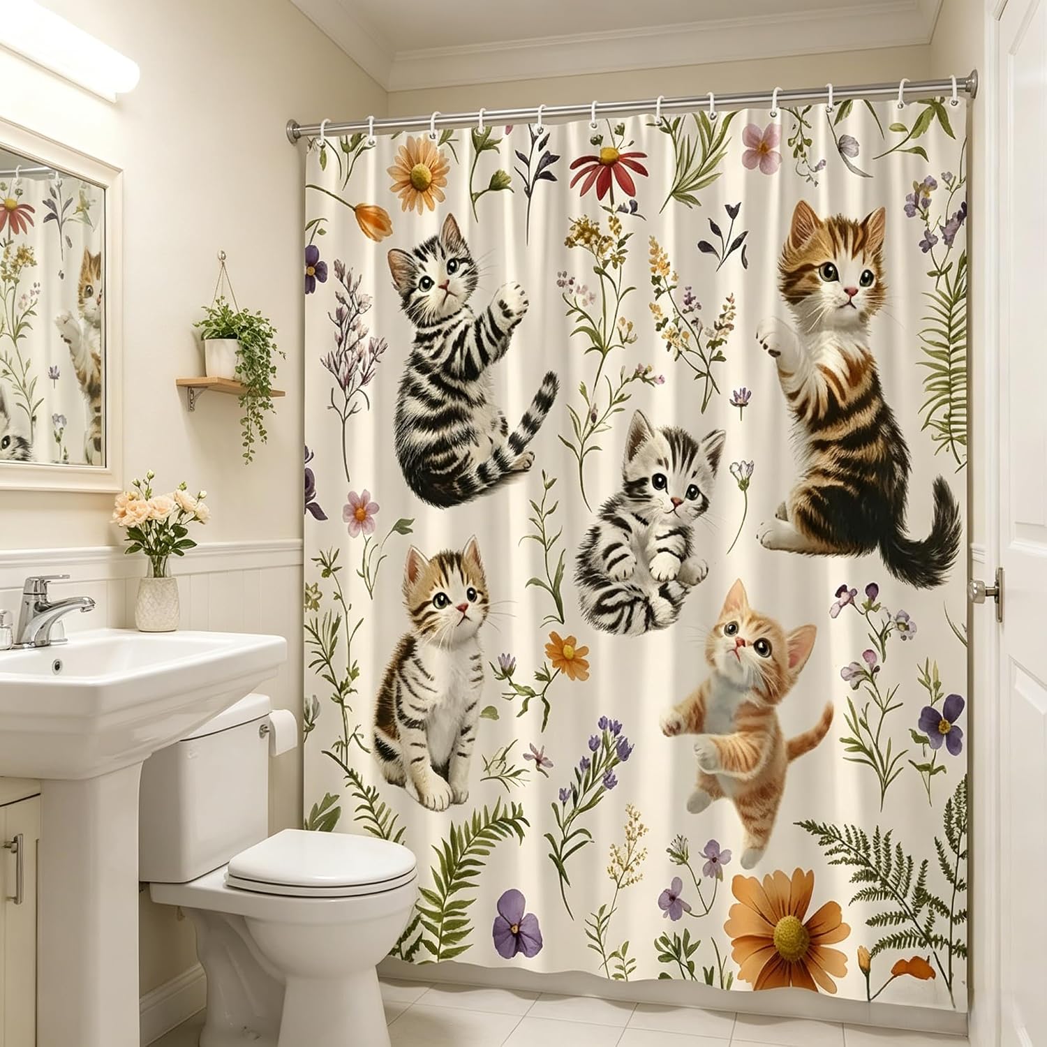 Boho Cat Shower Curtain, Cute Kittens Floral Watercolor, 70" W x 70" L image 2