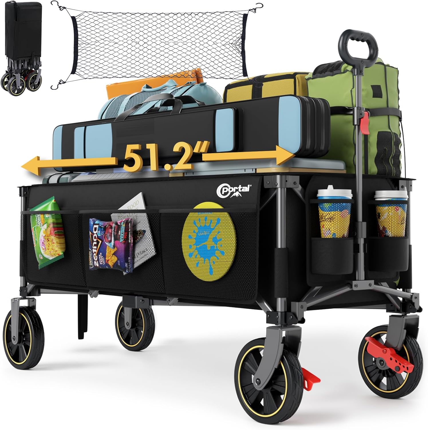 Portal 51.2" Long Wagons Carts Foldable with Brakes, Large Foldable Wagon with Cargo Net, Side Pocket, Cup Holders, 500 LBs Heavy Duty Utility Grocery Wagons for Sports, Camping