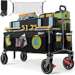 Portal 51.2" Long Wagons Carts Foldable with Brakes, Large Foldable Wagon with Cargo Net, Side Pocket, Cup Holders, 500 LBs Heavy Duty Utility Grocery Wagons for Sports, Camping