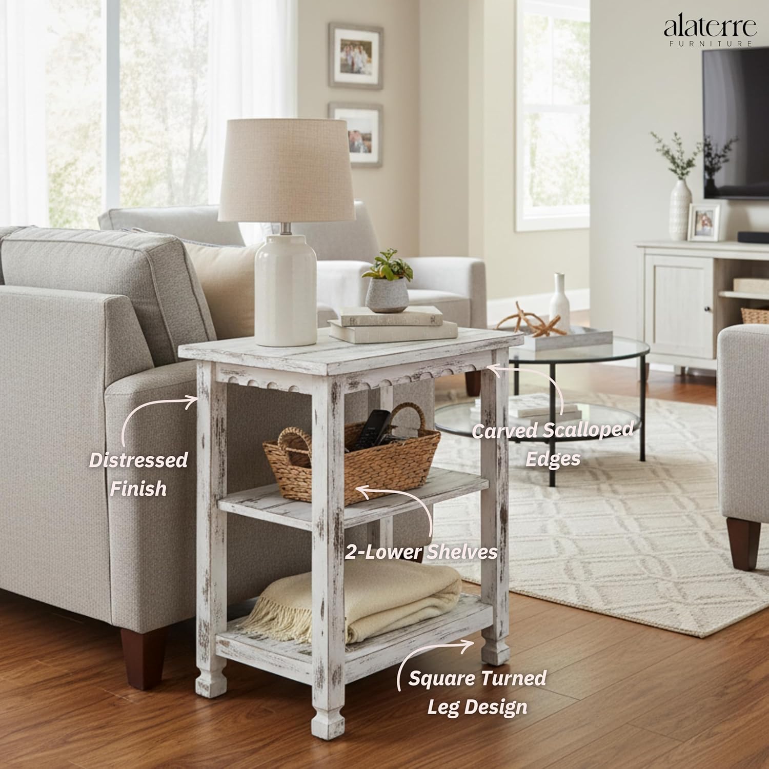 Alaterre Furniture Country Cottage 3-Tier End Table with 2 Open Shelves – Rustic Farmhouse Nightstand with Carved Edges & Square Turned Legs for Living Room or Bedroom (Distressed Antique White)