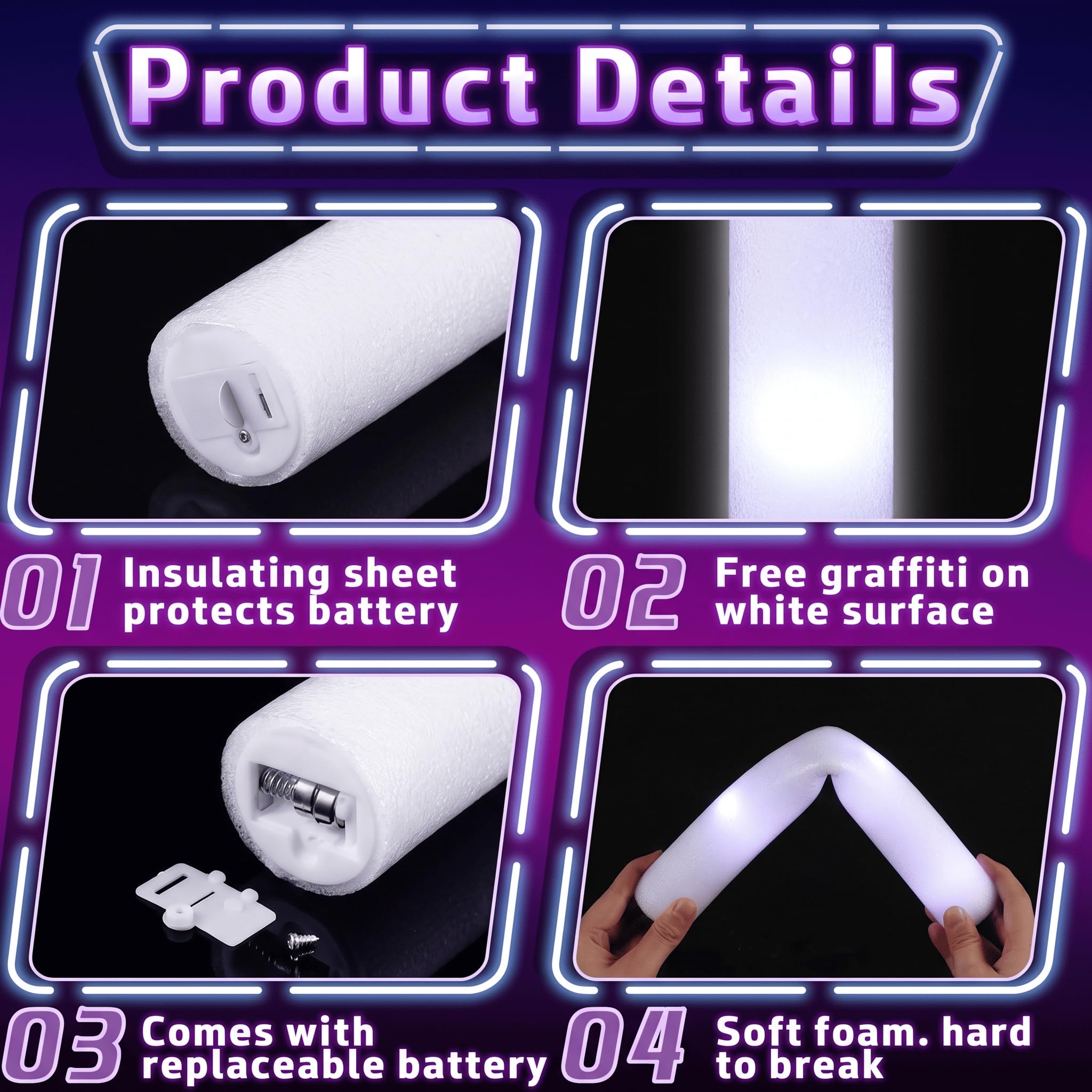 Liliful 100 Stück LED-Schaumstoffstäbe, weiß, blinkende Leuchtstäbe, Baton-Zauberstäbe, Motto-Party-Set, leuchtet im Dunkeln, Partyzubehör für Hochzeit, Raves, Konzert, Geburtstag