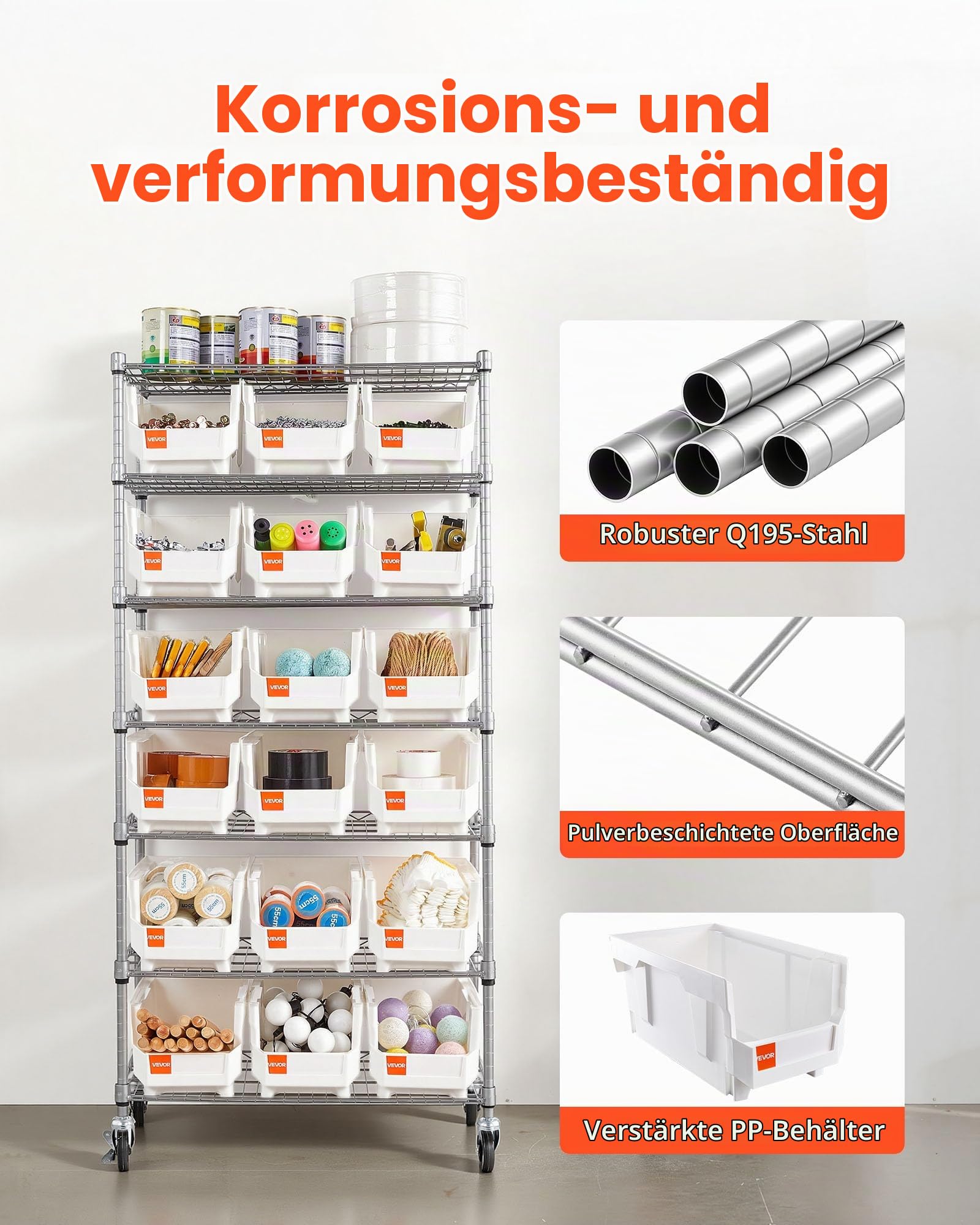 VEVOR Standregal, Lagerregal mit 7 Ebenen & 18 Stapelboxen, Bücherregal, Küchenregal mit Rollen, Werkzeugaufbewahrung für Garage, Lager, Büro, Restaurant, Klassenzimmer, Küche, 690x355x1490 mm