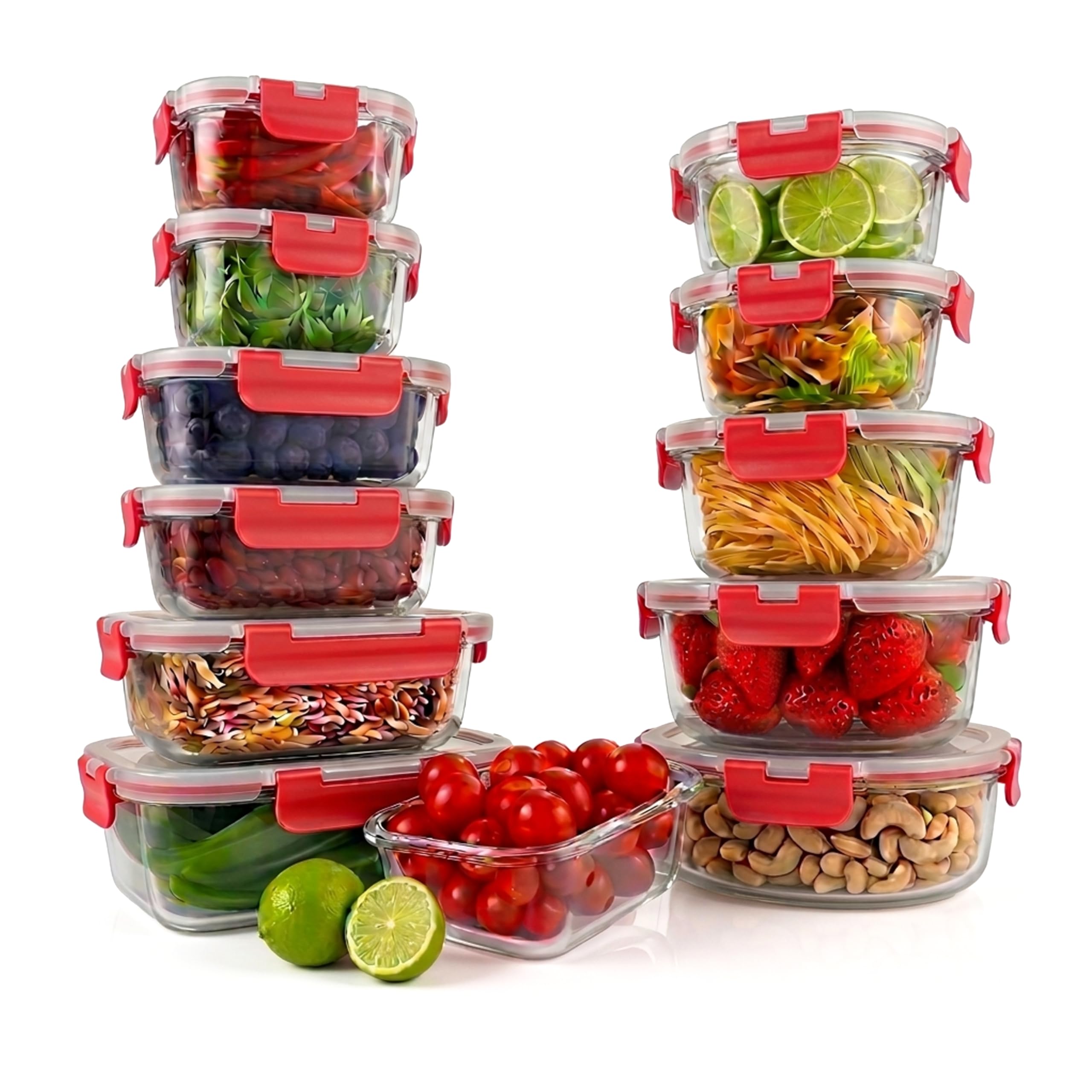Nutrichef frascos de vidrio, 12 piezas con tapas hermeticas, Tapers aptos para microondas, Congelador y Lavavajillas automatico. Contenedores ideales para comidas, frutas y mas