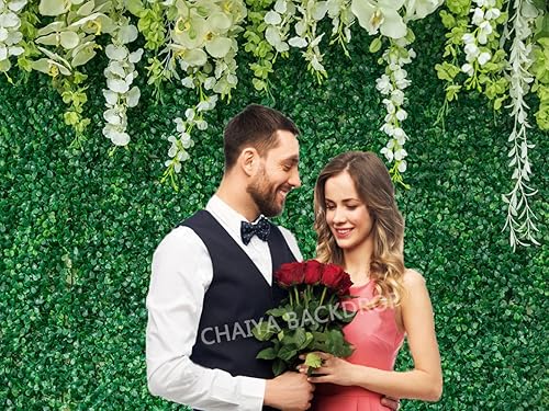 Miniatura 2 de Telón de fondo verde con flores, hojas verdes, flores blancas, telón de fondo para fotos, despedida de soltera, para boda, recepción, ceremonia,