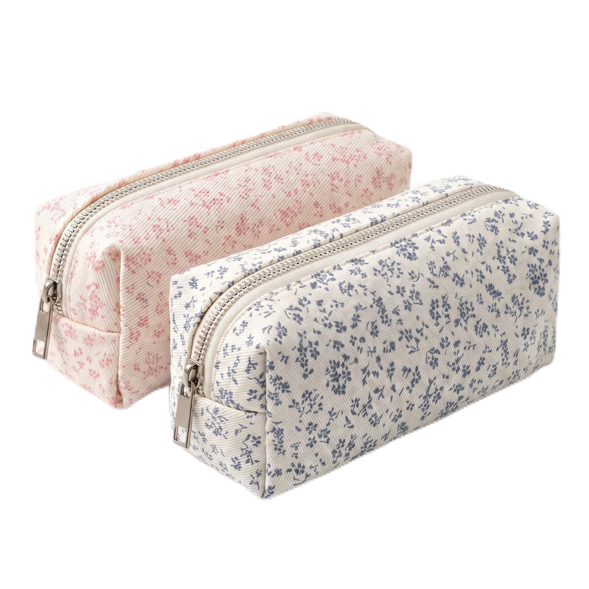 CBMZHF 2 Pack Cute Floral Pencil Case for Teenage Girls, Large Capacity Fabric Aesthetic Pencil Pouch, Dual Use Canvas Stationery & Mini Cosmetic Bag for School, College and Daily Use
