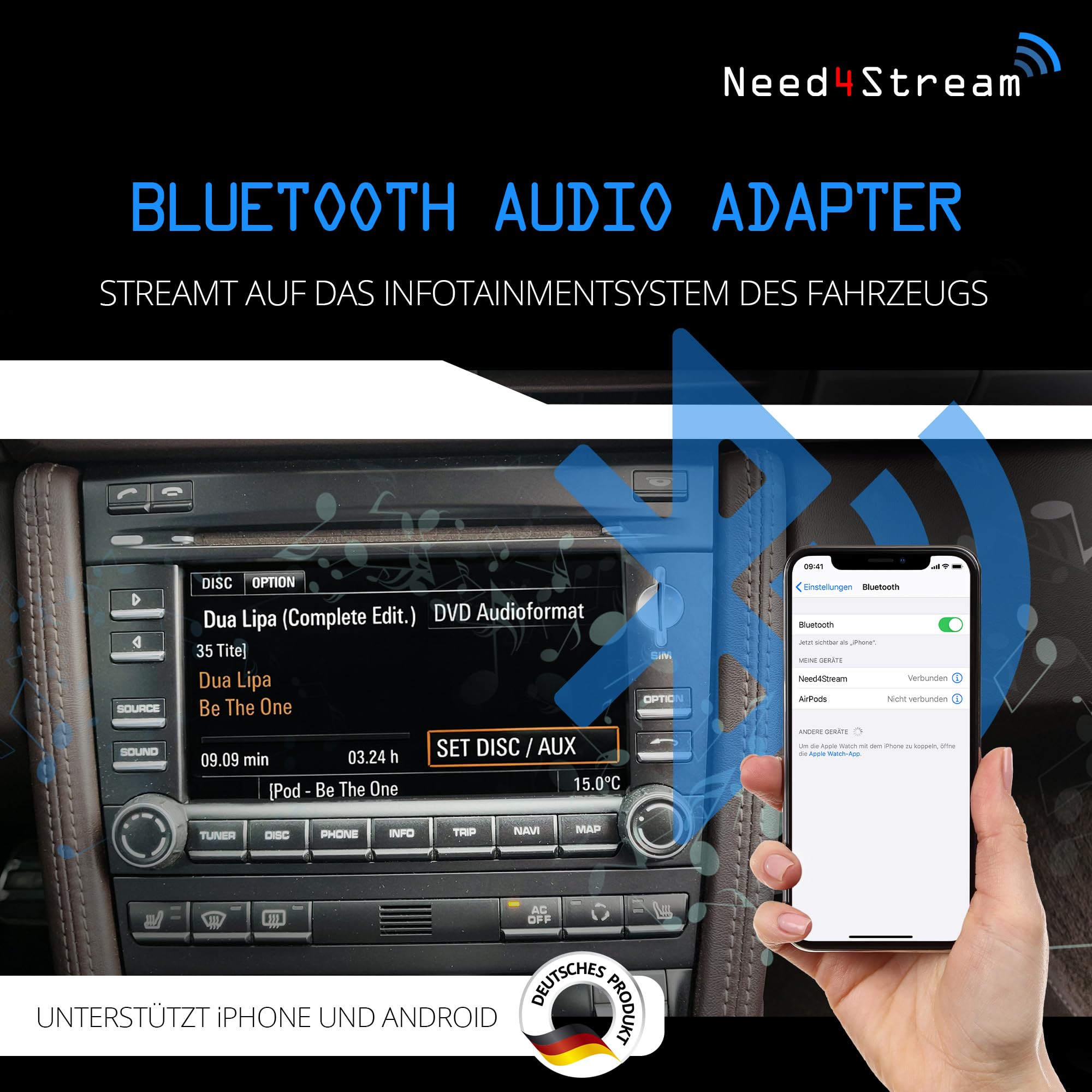 Adaptador Bluetooth con lista de pistas, compatible con Porsche PCM3.0, compatible con iPhone y Android, Plug & Play