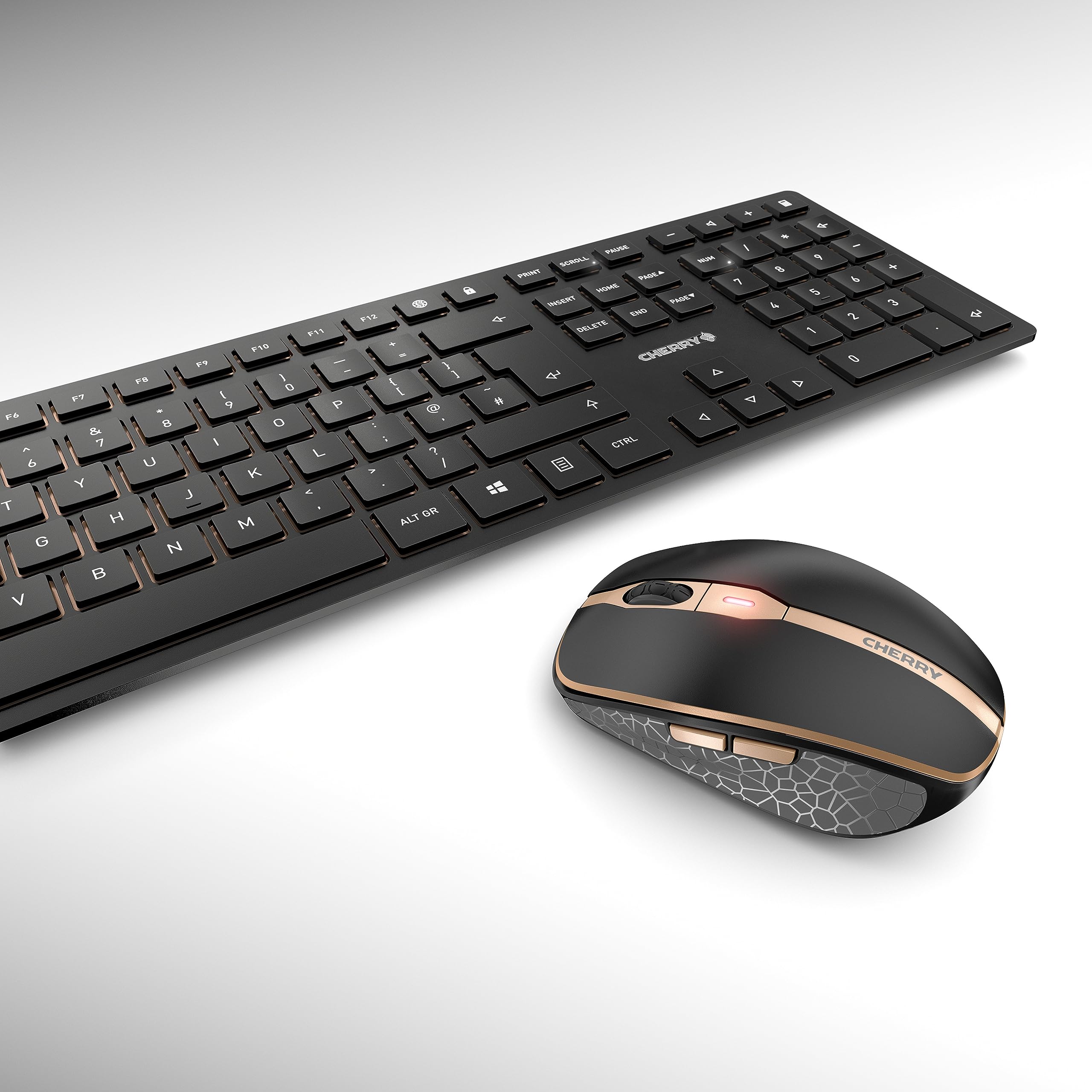 CHERRY DW 9100 SLIM, Set di Tastiera e Mouse Senza Fili, Layout per l'Italia (QWERTY), Connessione Bluetooth e Wireless 2,4 GHz, Tasti Silenziosi, Ricaricabile, Nero-Bronzo