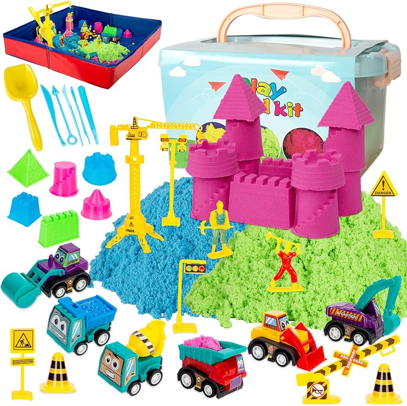 Sand Kit for Kids, 3lbs Sand, 6 Mini Construction Trucks | Construction Toys and Signs, Castle Sand Molds Tools, Foldable Box and Storage Bin Tote, 43PCS Sand Set for Boys Grils