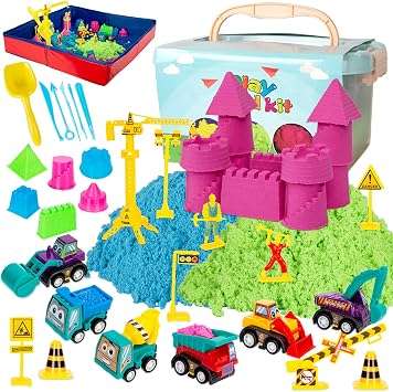 Sand Kit for Kids, 3lbs Sand, 6 Mini Construction Trucks