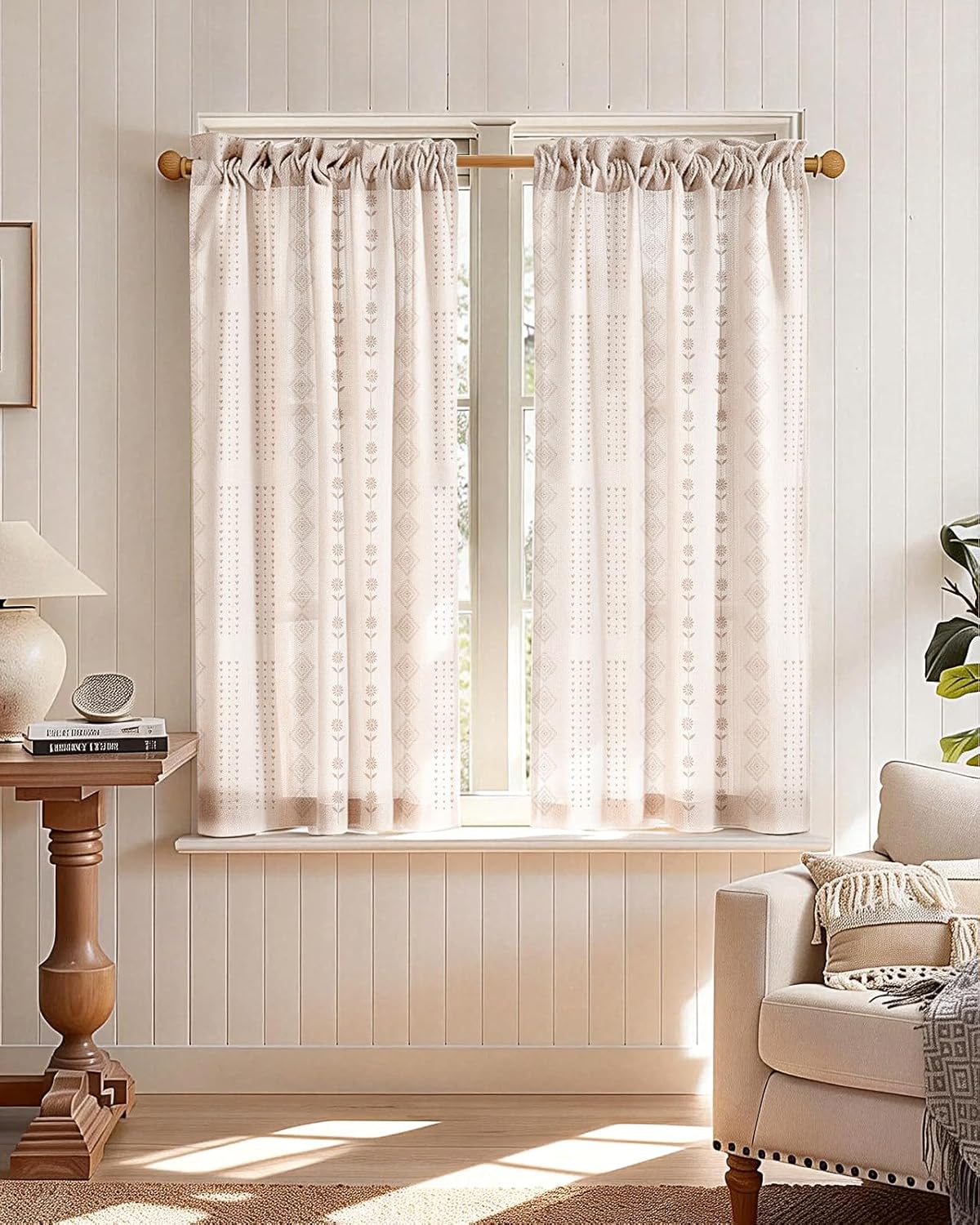 Miss Adola Farmhouse Kitchen Curtains - 36 Inch Length Boho Linen Blend Striped Kitchen Window Tier Curtains Beige Cafe Drapes Rod Pocket for Windows Light Filtering, 2 Panels