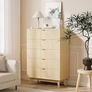 Garvee 5 Drawer Dresser, 32 Inch Tall Mid Century Modern Dresser Drawers, Waveform Fluted Side Table, Wood Drawer Organizer for Bedroom Living Room, Hallway, Natural Oak