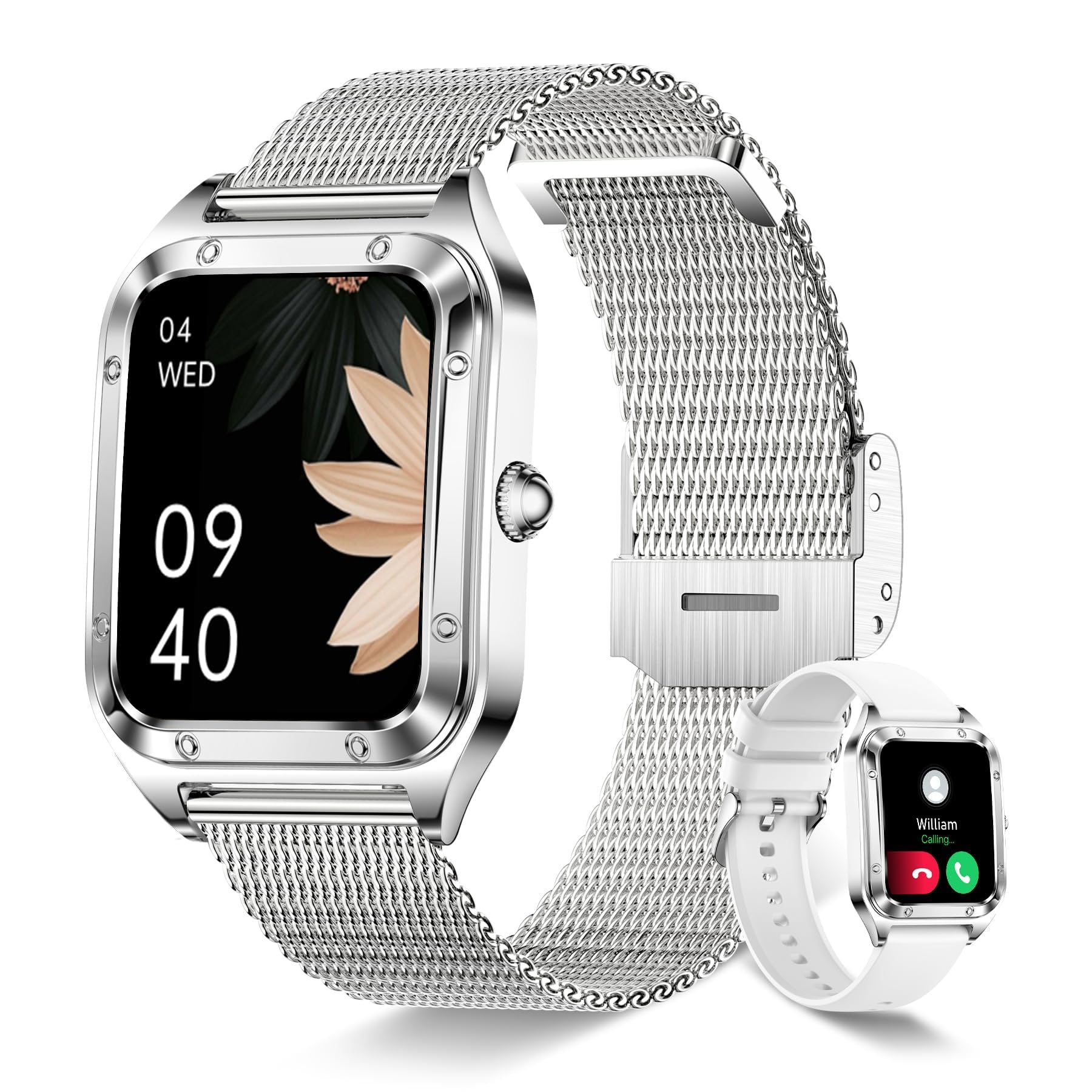 Smart Watch for Women(Call Answer/Dial), 1.6'' Touch Screen Smartwatch for Android iPhone Compatible, Waterproof Fitness Tracker with Heart Rate Sleep Monitor 100+ Sports Modes AI Voice, SILVER