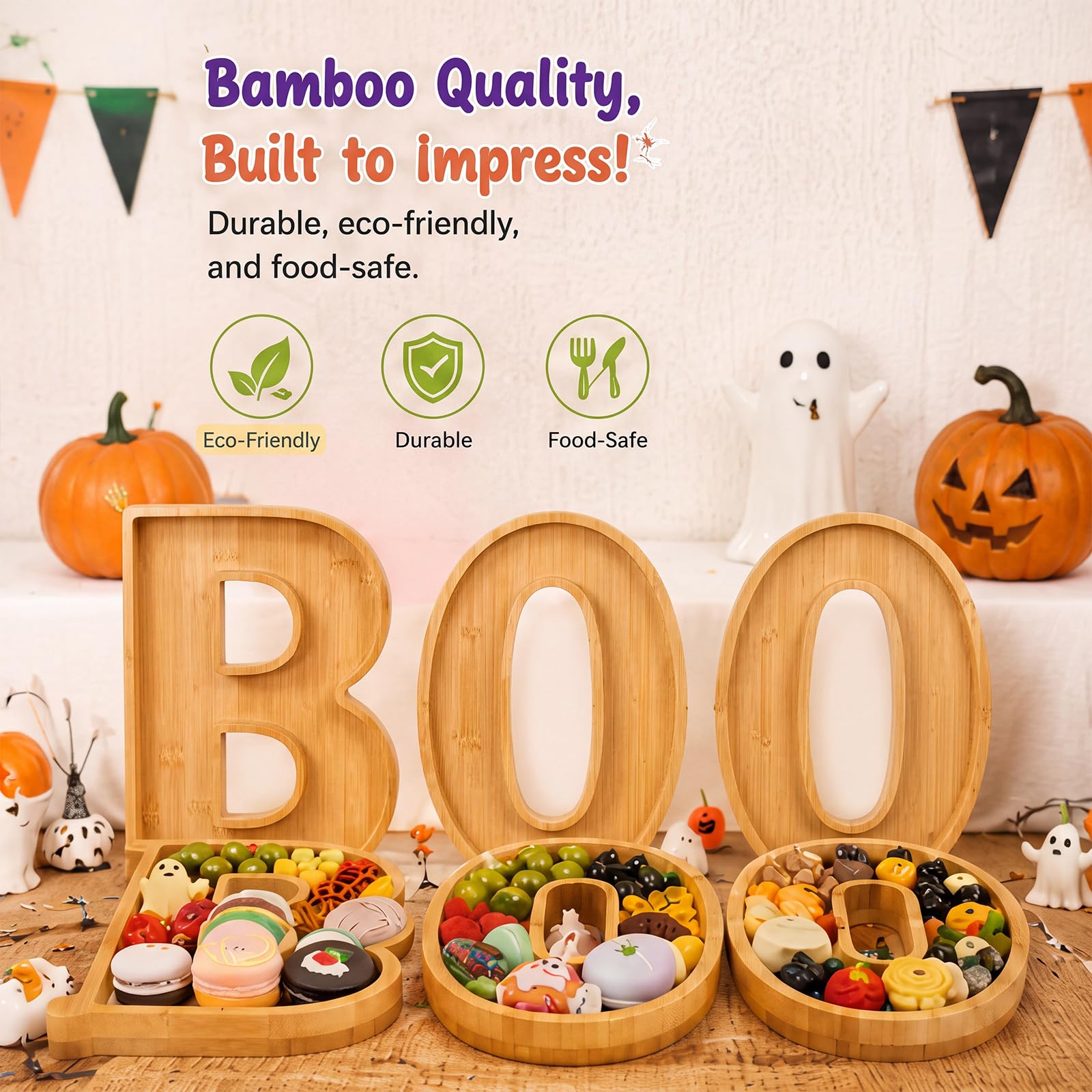Havawish 28 pezzi Boo Bamboo Salumi Lettere riempibili Decorazioni per feste di Halloween con Happy Halloween Banner Palloncini Luci a LED Luci a spirale appese per spuntini cibo torta tavolo