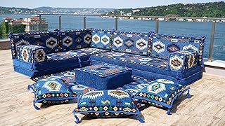 Blue Arabic Floor Sofa Seating, Arabic Majlis, Arabic Jalsa,Traditional Arabic Sofa, Oriental Floor Seating, Floor Cushions, Hookah Lounge, Sofa Covers (L Sofa + Rug)