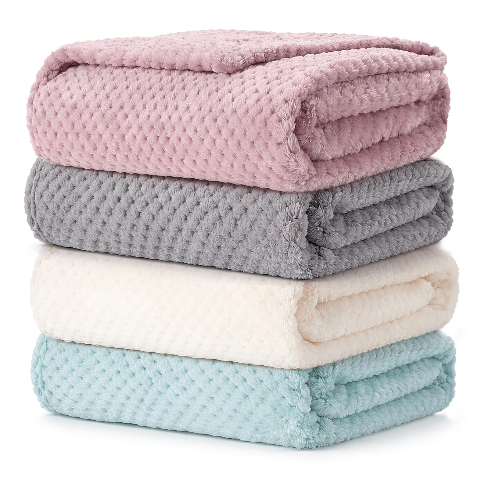 DHNDO 4 Pack Baby Fuzzy Blanket, 70 x 100cm Soft Receiving Blanket for Newborn, Warm Cosy Throw for Kids, Stroller, Nursery (Pink, Cream, Blue, Grey)
