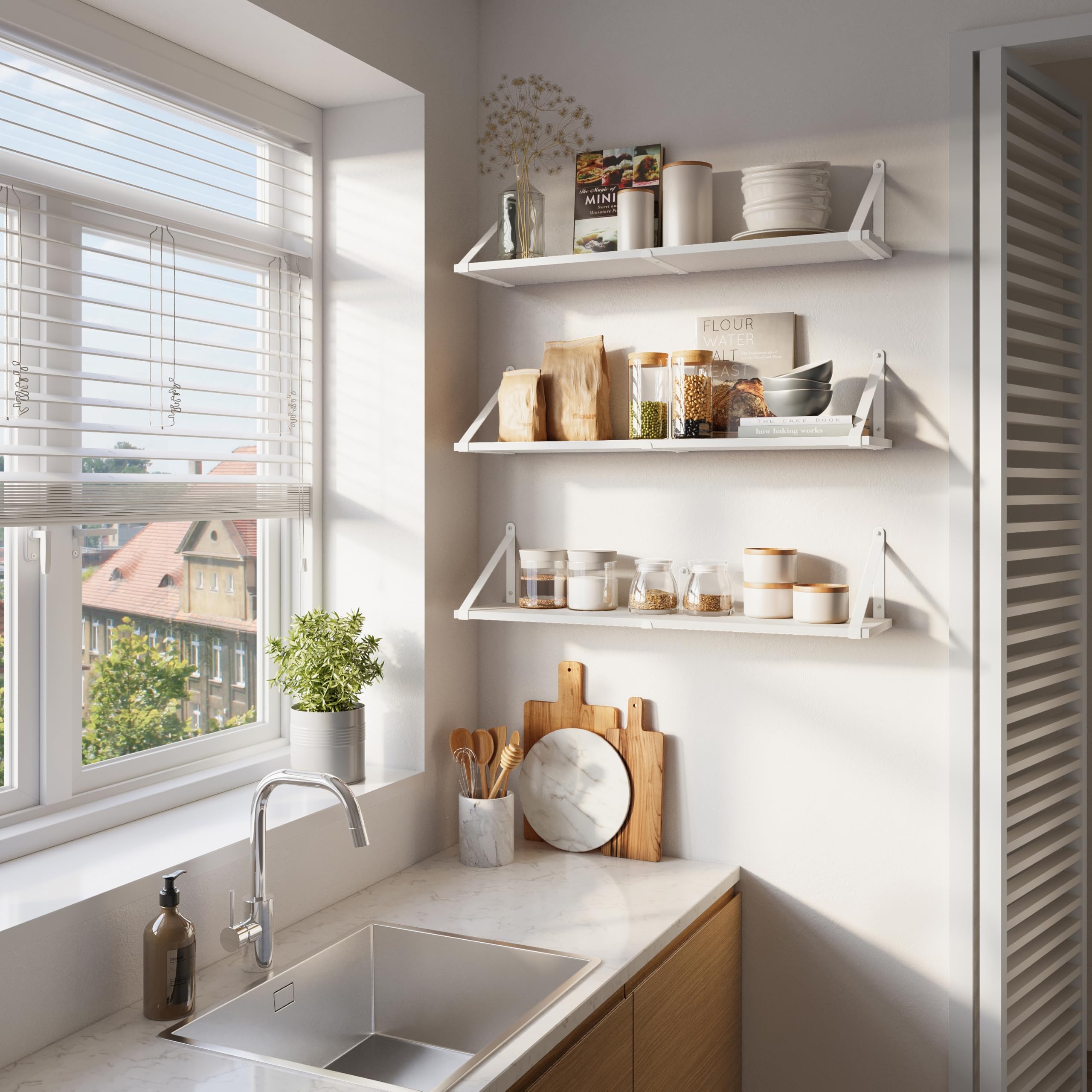 CASSA ZENO Étagères murales suspendues pour le mur, lot de 3, 80 cm x 20 cm Étagère Bibliothèque pour chambre à coucher Salon Bureau Salle de bain Cuisine Bois rustique avec support métallique (blanc)