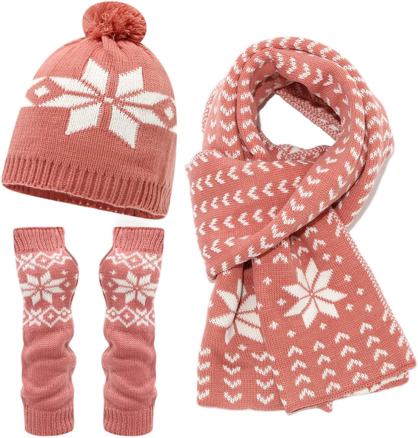 Snowflake Knit Set - Winter Hat Scarf Gloves Cold Protection Trio Unisex