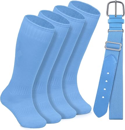 Gnidio Toddler Baseball Socks and Belt Combo Set Cotton Youth Baseball Softball Socks Adjustable Belt for Boys Girls Light Blue,2-4T