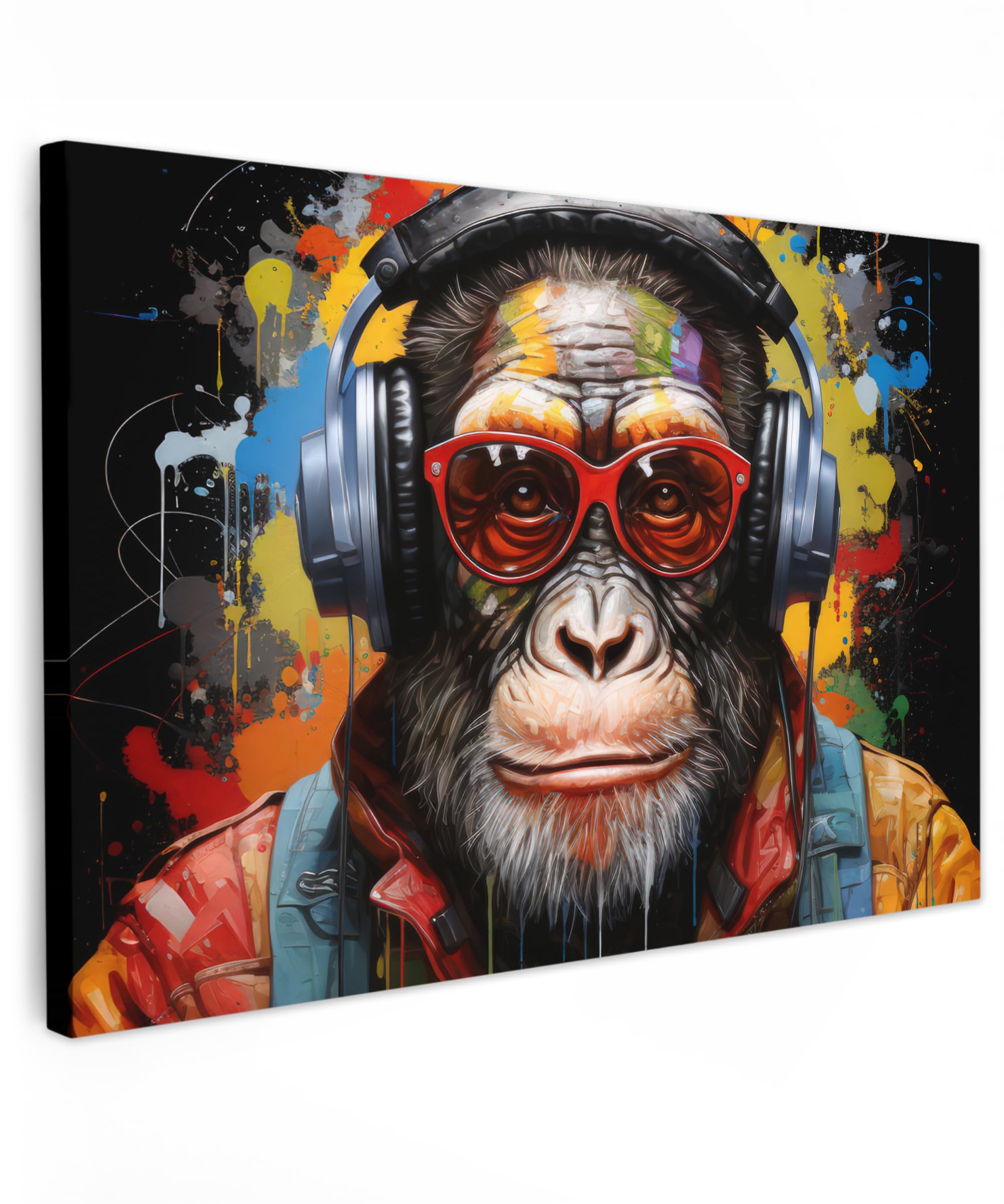 MuchoWow© Canvas Wall Art 35"x24" / 90x60 cm Home Decor Paintings for Living Room Decorations Gifts Hallway Chimpanzee - Monkey - Animals - Graffiti - Glasses - Headphones - Colours