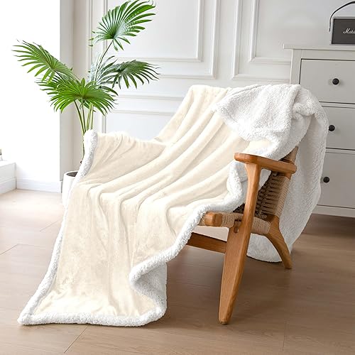 Manta de forro polar sherpa, manta suave y mullida para sofá cama, cálida y acogedora, beige, 50 x 60 pulgadas