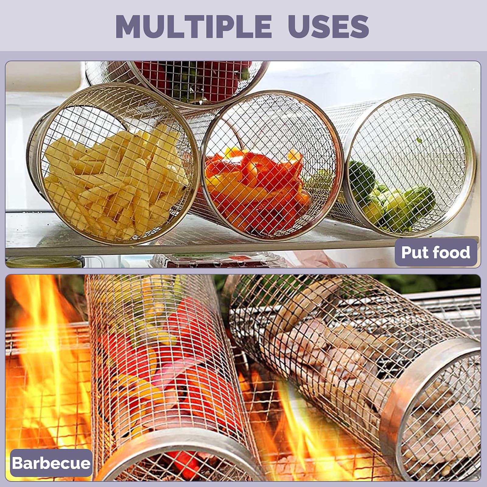 Cestello Griglia Rotante In Acciaio Inox - Per Barbecue, Carne, Verdure, Campeggio - Foto 3